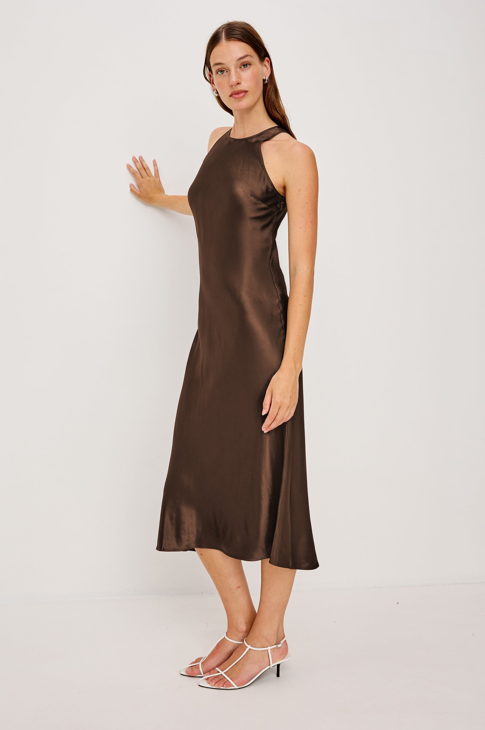 Solene Sleeveless Midi Dress with a Crew Neck and a Tie Keyhole at the Back in Espresso Colorway - Front Full Body View Featured on Model