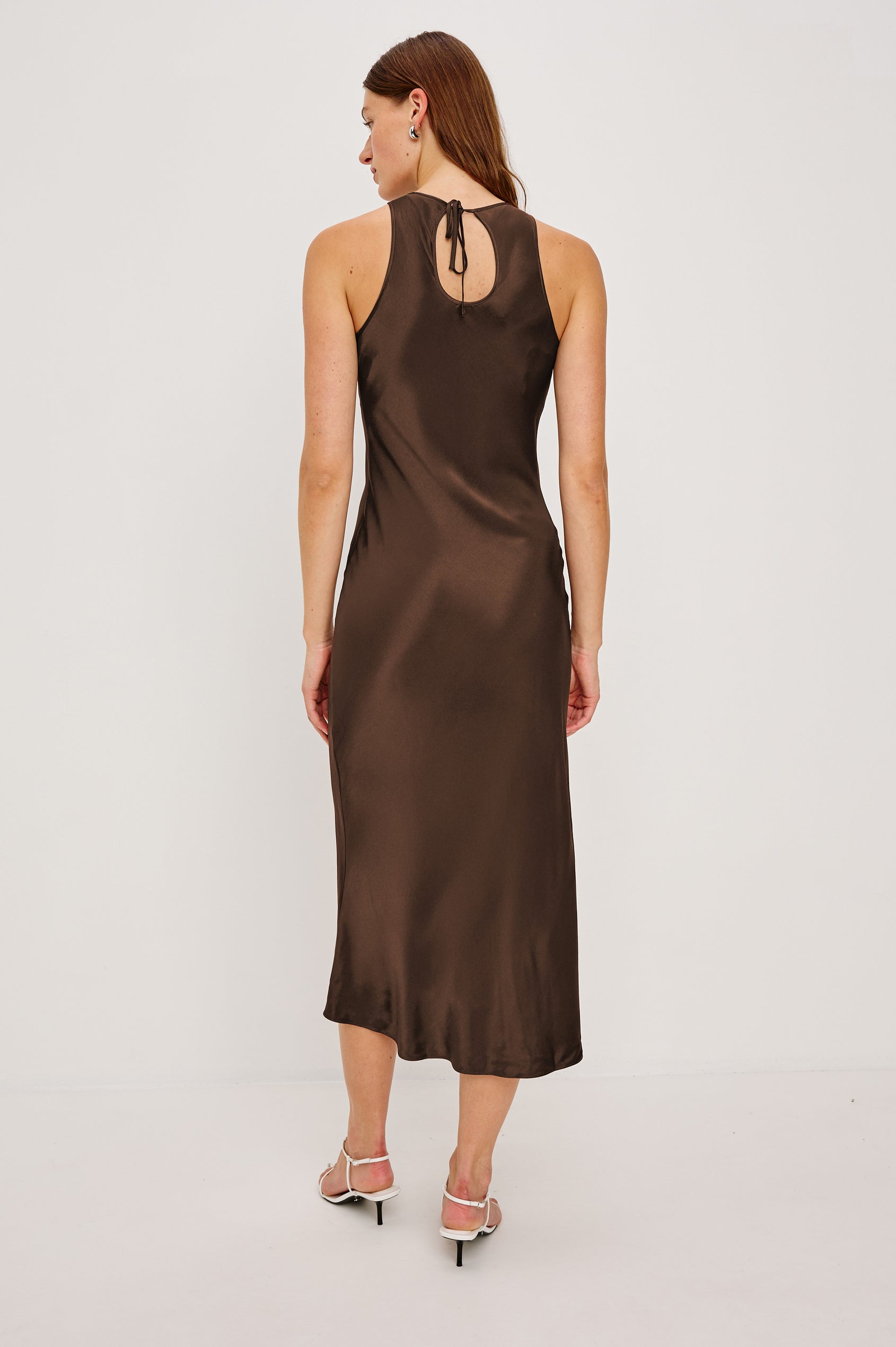 Solene Sleeveless Midi Dress with a Crew Neck and a Tie Keyhole at the Back in Espresso Colorway - Back Full Body View Featured on Model