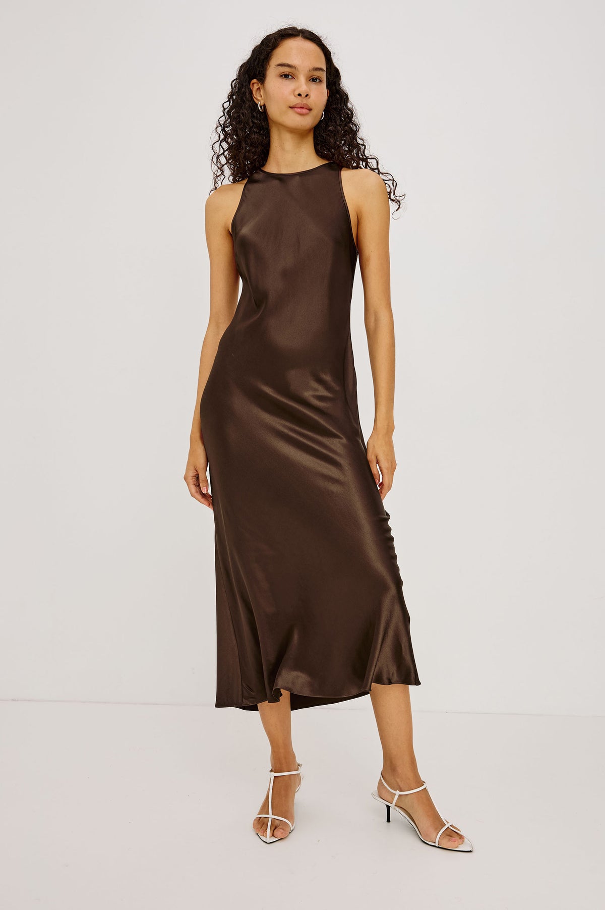 Solene Midi Dress in Satin-Back Crepe With Jewel Neck, and Back Keyhole With Self-Tie in Espresso Colorway - Full Body Front View Featured on Model