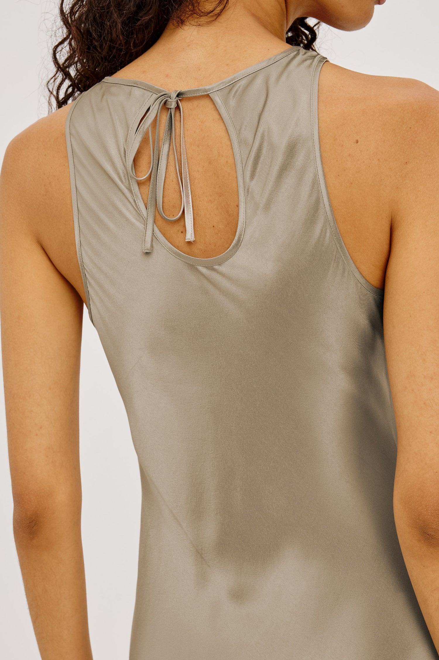 Solene Midi Dress in Satin-Back Crepe With Jewel Neck, and Back Keyhole With Self-Tie in Espresso Colorway - Upper Body Back View Featured on Model