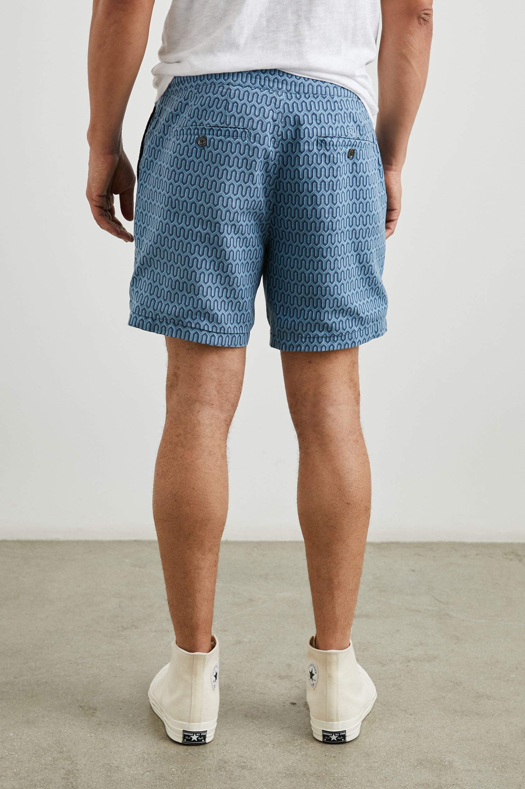 Sona Shorts with Two Front Pockets and Two Back Button Welt Pockets in Wishbone Blues Colorway, a Geometric pattern in Blue on Blues - Back View Featured on Model 