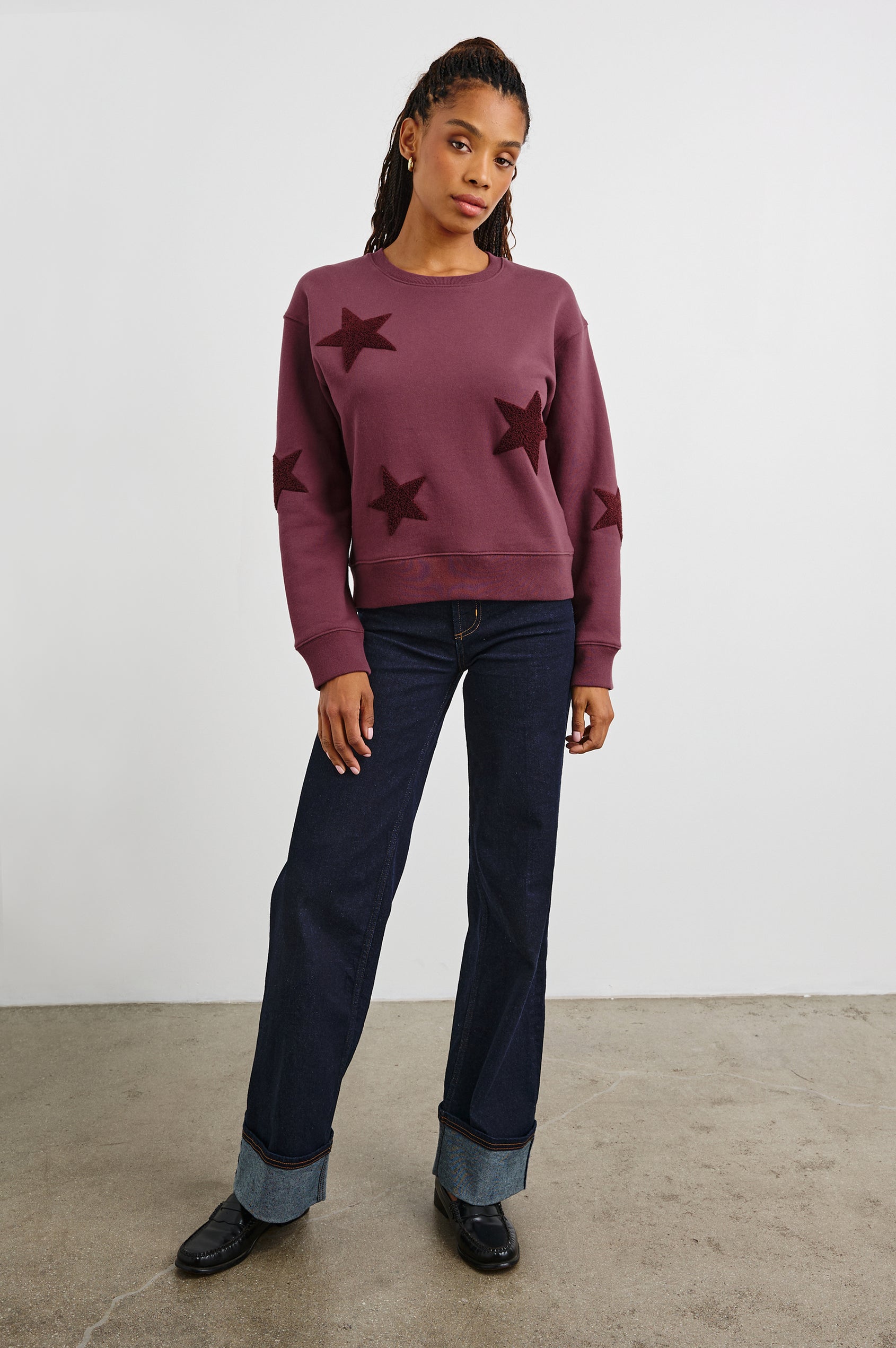 Sonia Long-Sleeve Sweatshirt with a Crew Neck and Patch Stars in Burgundy Colorway, with stars in a darker shade - Front Full Model View Featured on Model