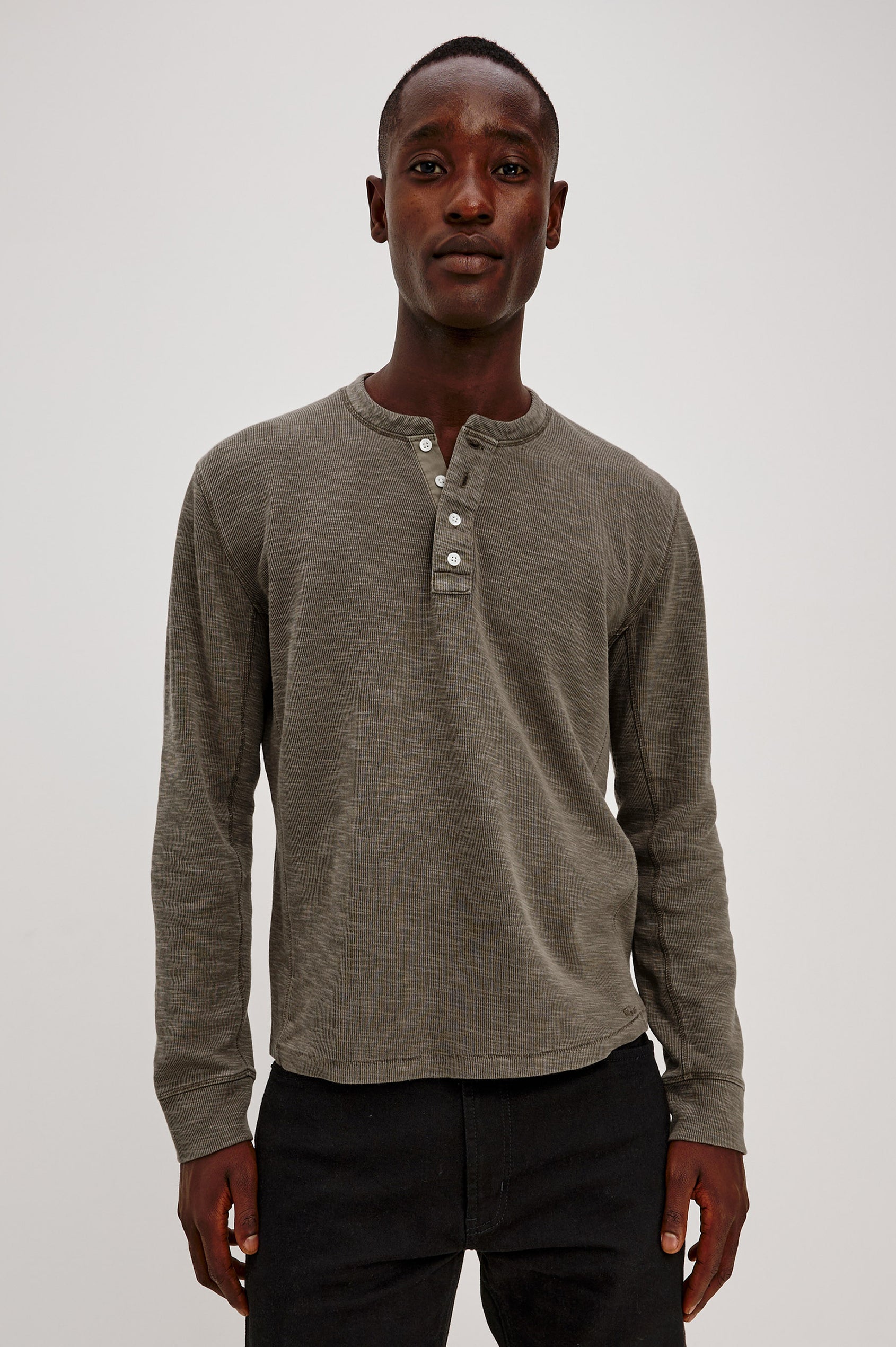 Soto Henley in Cotton French Rib Blend With 4-Button Placket, Tonal Seam Detailing, and Long Sleeves in Crossroad Colorway - Upper Body Back View Featured on Model