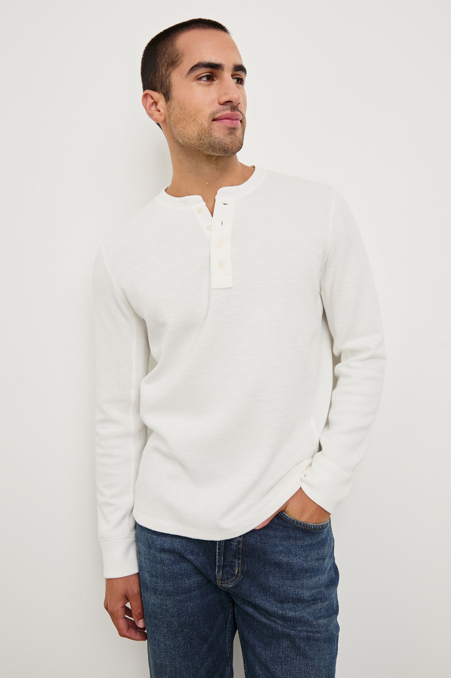 Soto long sleeve henley with front button half placket in Whitecap - front view on model