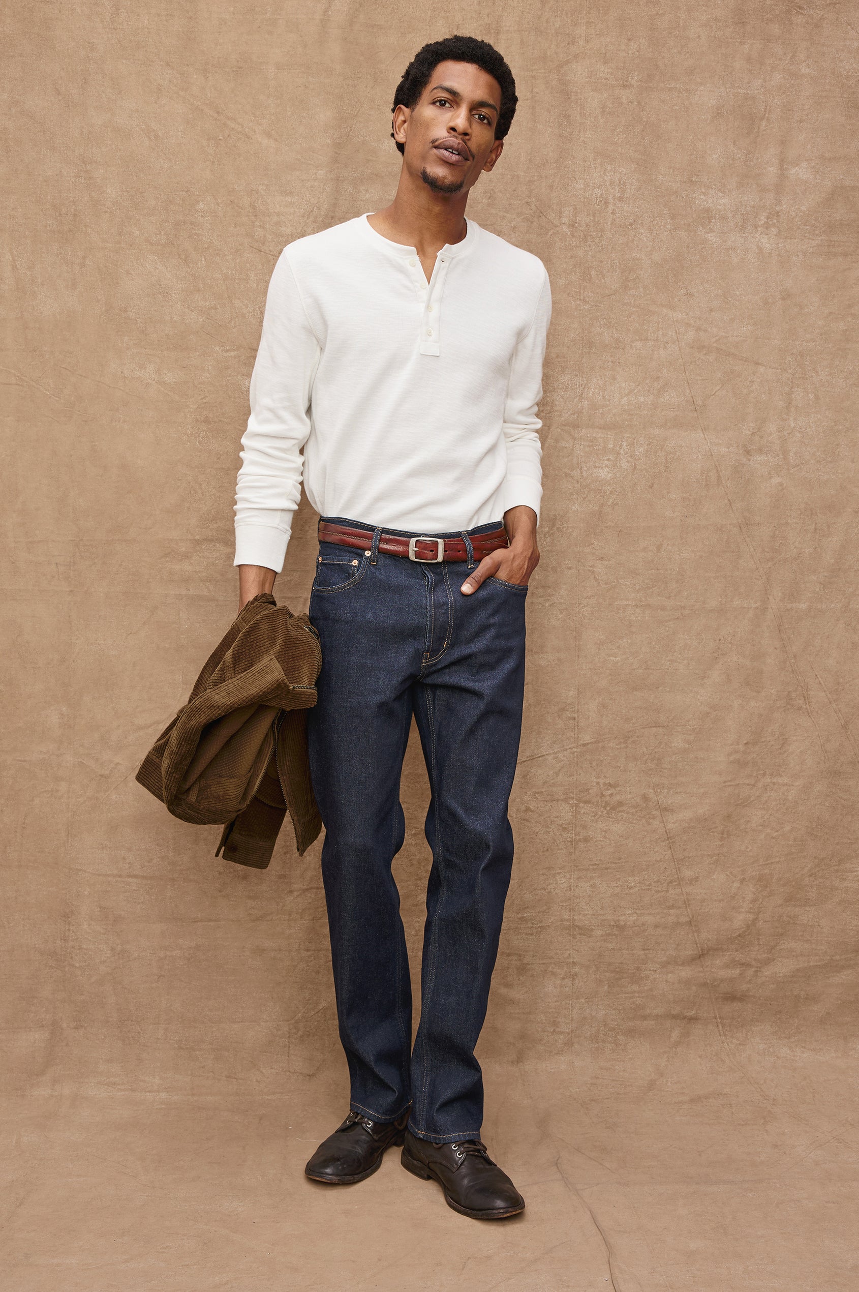 Soto long sleeve henley with front button half placket in Whitecap - front full body view on model