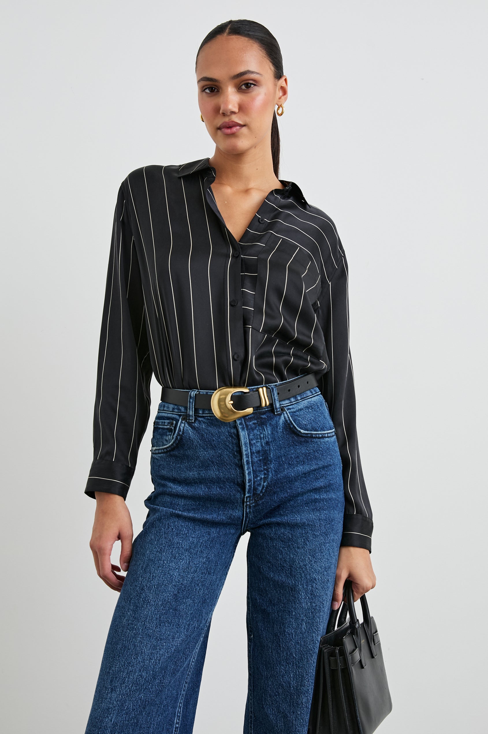 Spencer Long-Sleeve Button Up with Chest Patch Pocket in Ink Stripe Colorway, Thin White mixed vertical and horizontal stripes on Black - Front Tucked View Featured on Model