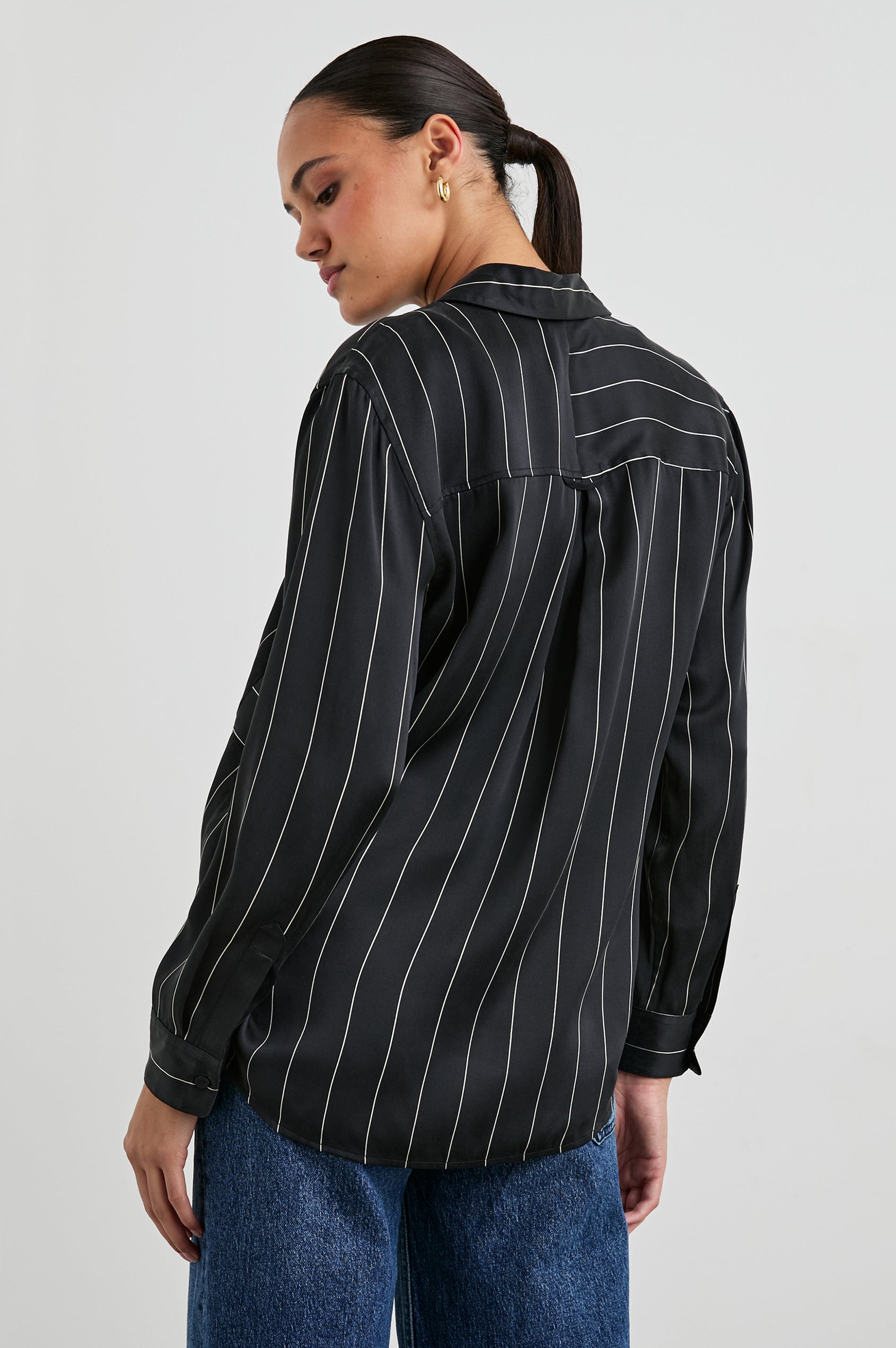 Spencer Long-Sleeve Button Up with Chest Patch Pocket in Ink Stripe Colorway, Thin White mixed vertical and horizontal stripes on Black - Back View Featured on Model