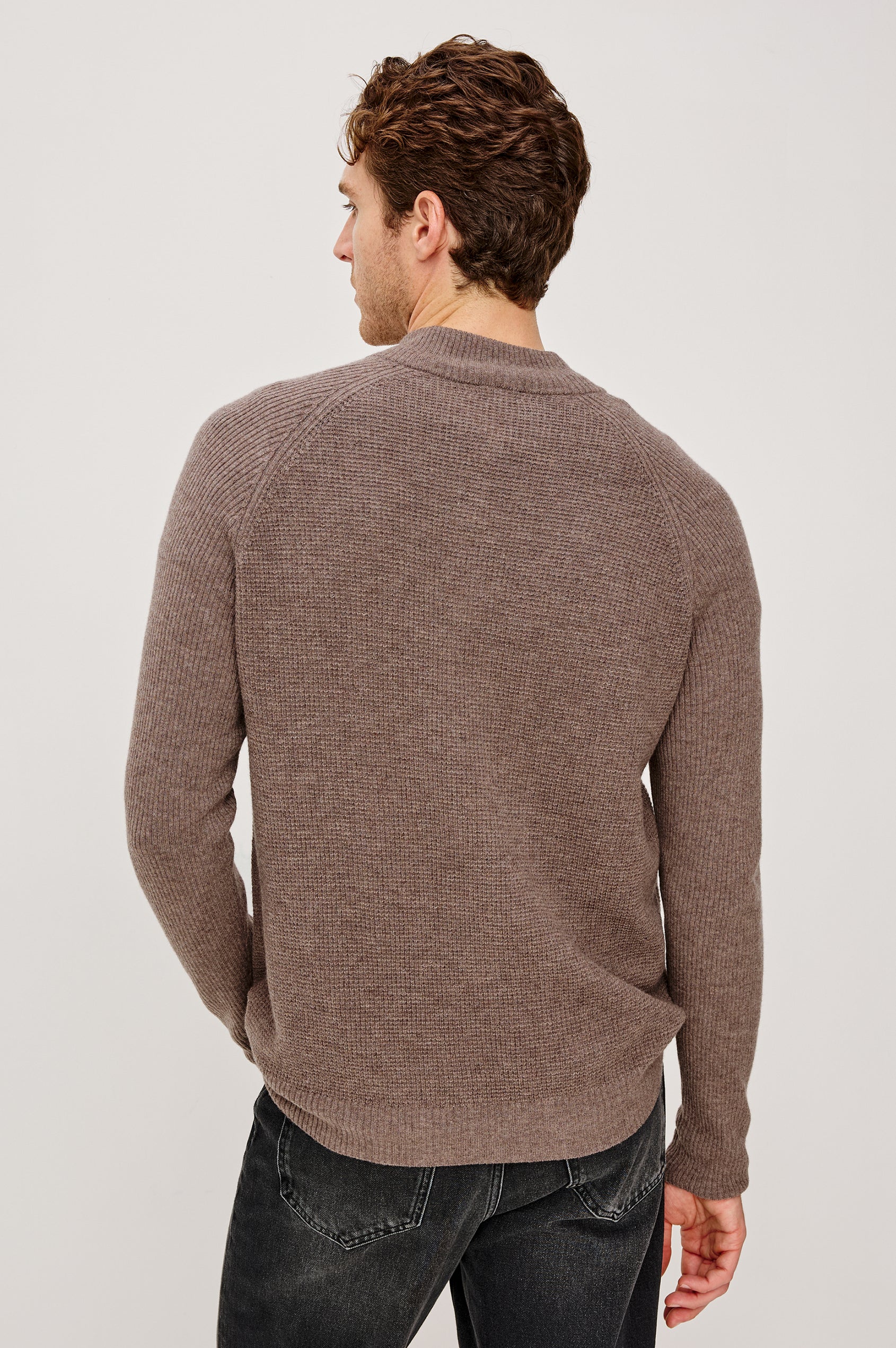 Stark long-sleeve quarter zip features a mock neck, waffle torso, and ribbed sleeves in Brown Melange colorway. Back View Featured on Model