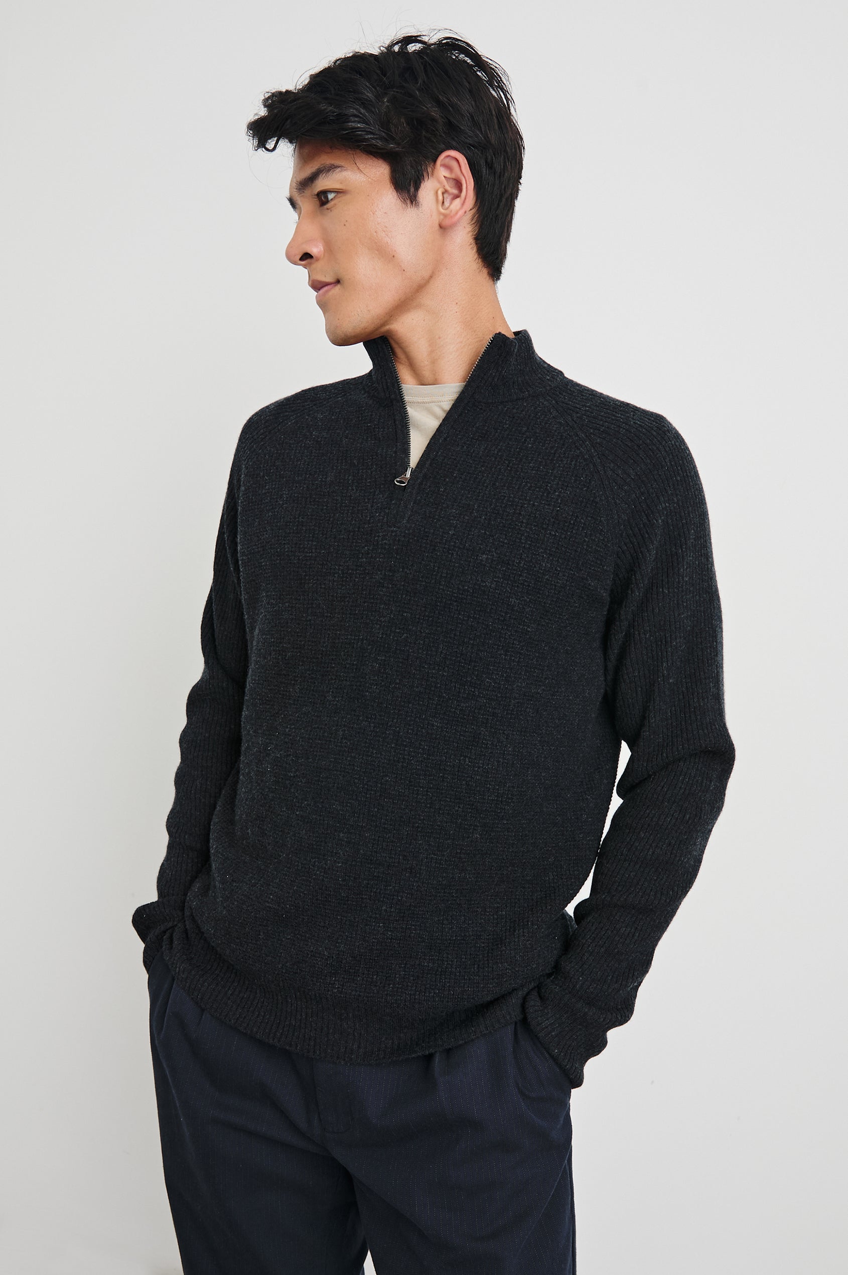 Stark Long-Sleeve Quarter Zip with a Mock Neck, Waffle Torso, and Ribbed Sleeves in Cast Iron Colorway - Front View Featured on Model