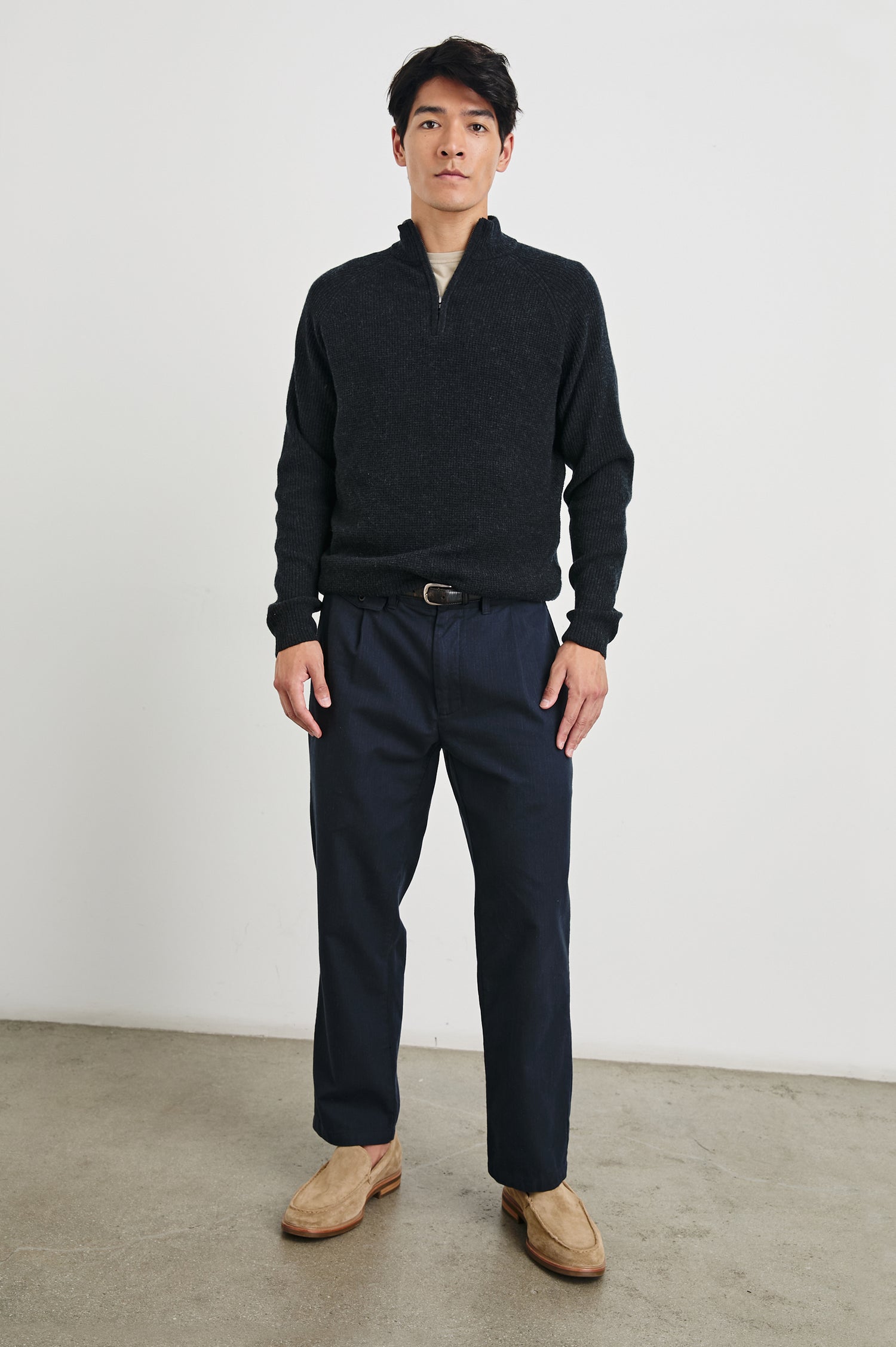 Stark Long-Sleeve Quarter Zip with a Mock Neck, Waffle Torso, and Ribbed Sleeves in Cast Iron Colorway - Front Full Body View Featured on Model