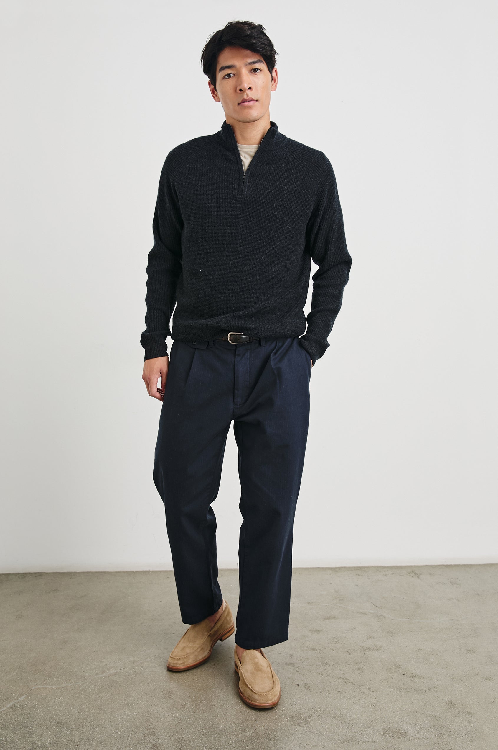 Stark Long-Sleeve Quarter Zip with a Mock Neck, Waffle Torso, and Ribbed Sleeves in Cast Iron Colorway - Front Full Body View Featured on Model