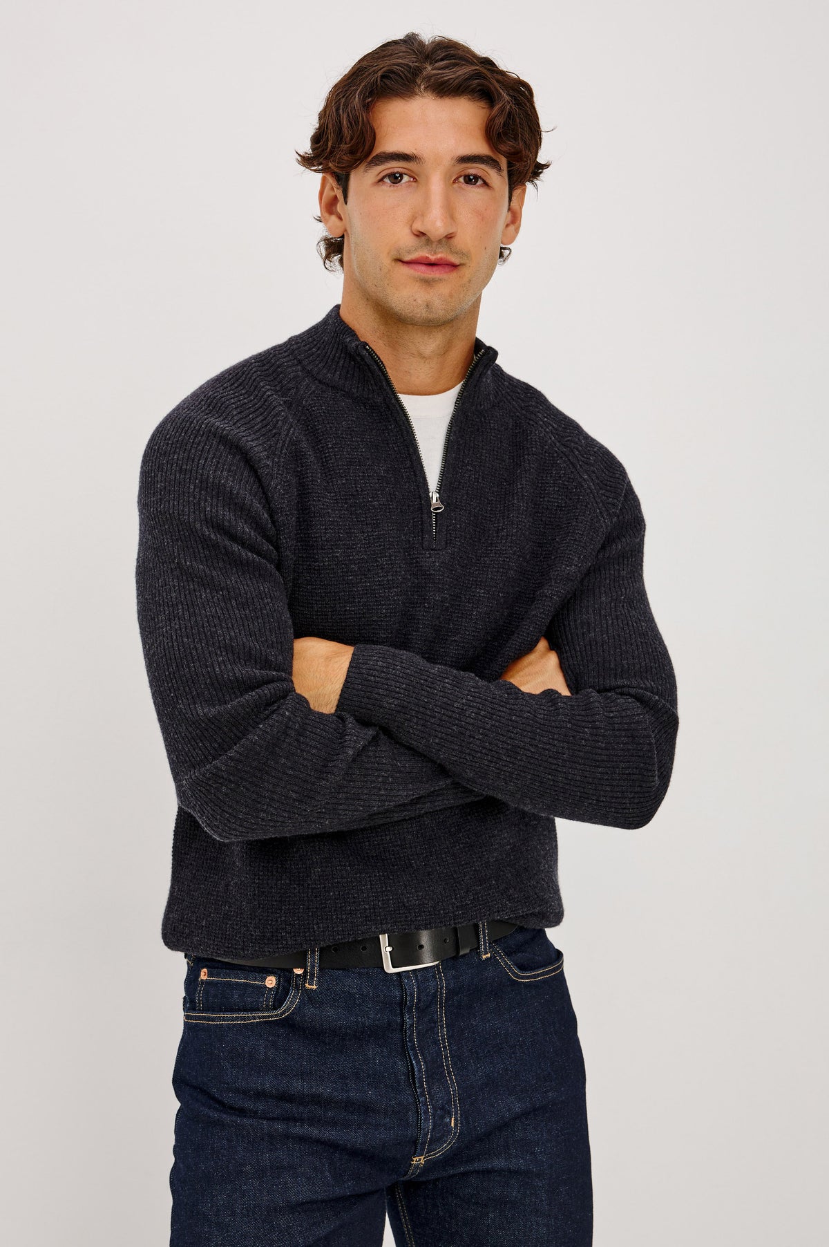 Stark Sweater in Waffle Knit With Quarter-Zip Placket, Mock Neck Collar, and Long Sleeves in Cast Iron Colorway - Upper Body Front View Featured on Model.
