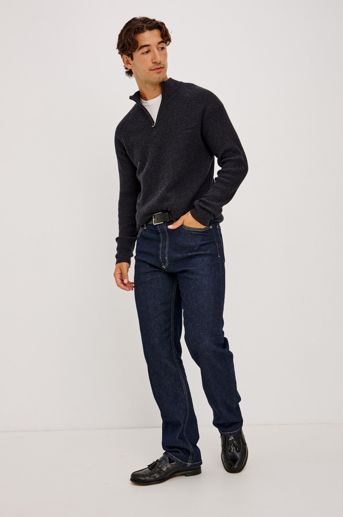 Stark Sweater in Waffle Knit With Quarter-Zip Placket, Mock Neck Collar, and Long Sleeves in Cast Iron Colorway - Full Body Front View Featured on Model.