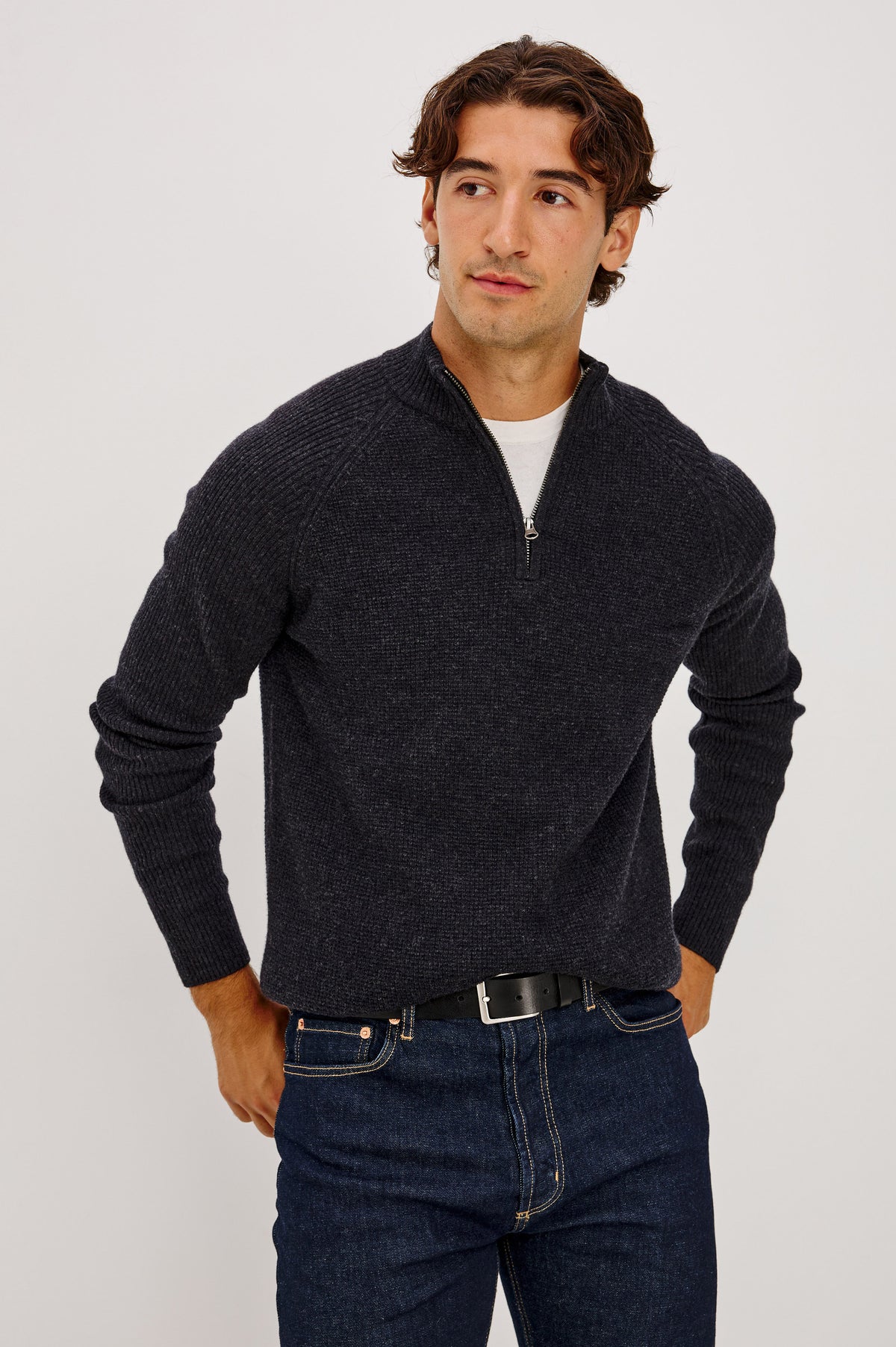 Stark Sweater in Waffle Knit With Quarter-Zip Placket, Mock Neck Collar, and Long Sleeves in Cast Iron Colorway - Front View Featured on Model.