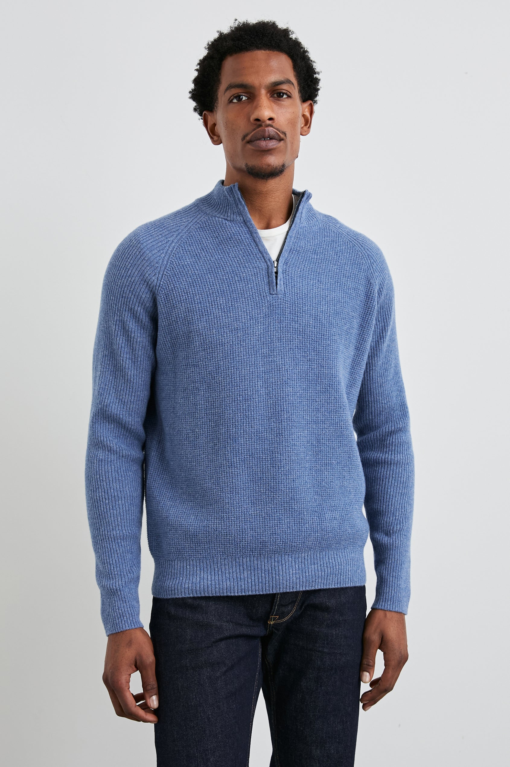 Stark Long-Sleeve Quarter Zip with a Mock Neck, Waffle Torso, and Ribbed Sleeves in Cerulean Melange Colorway - Front View Featured on Model