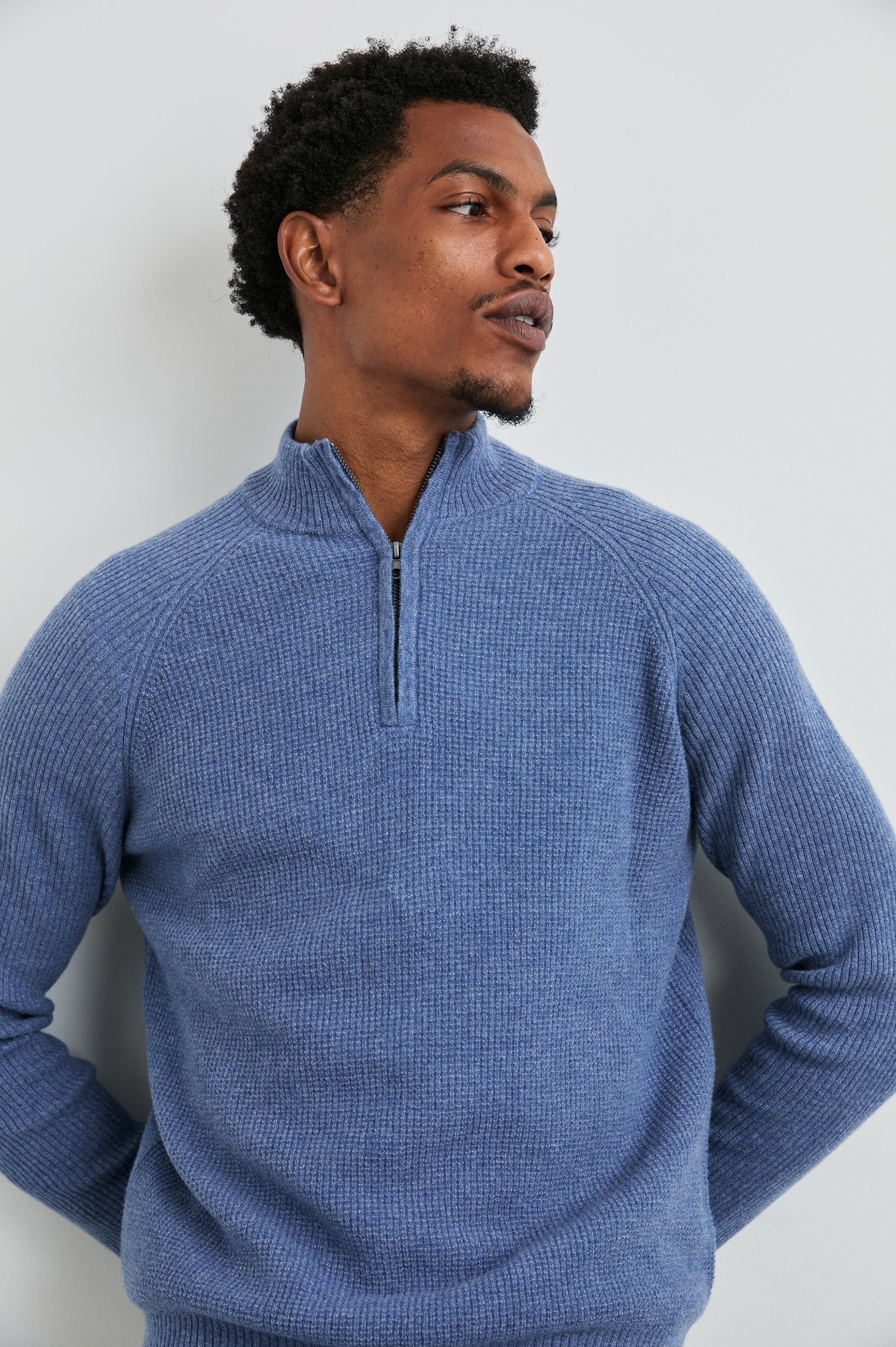 Stark Long-Sleeve Quarter Zip with a Mock Neck, Waffle Torso, and Ribbed Sleeves in Cerulean Melange Colorway - Front View Featured on Model