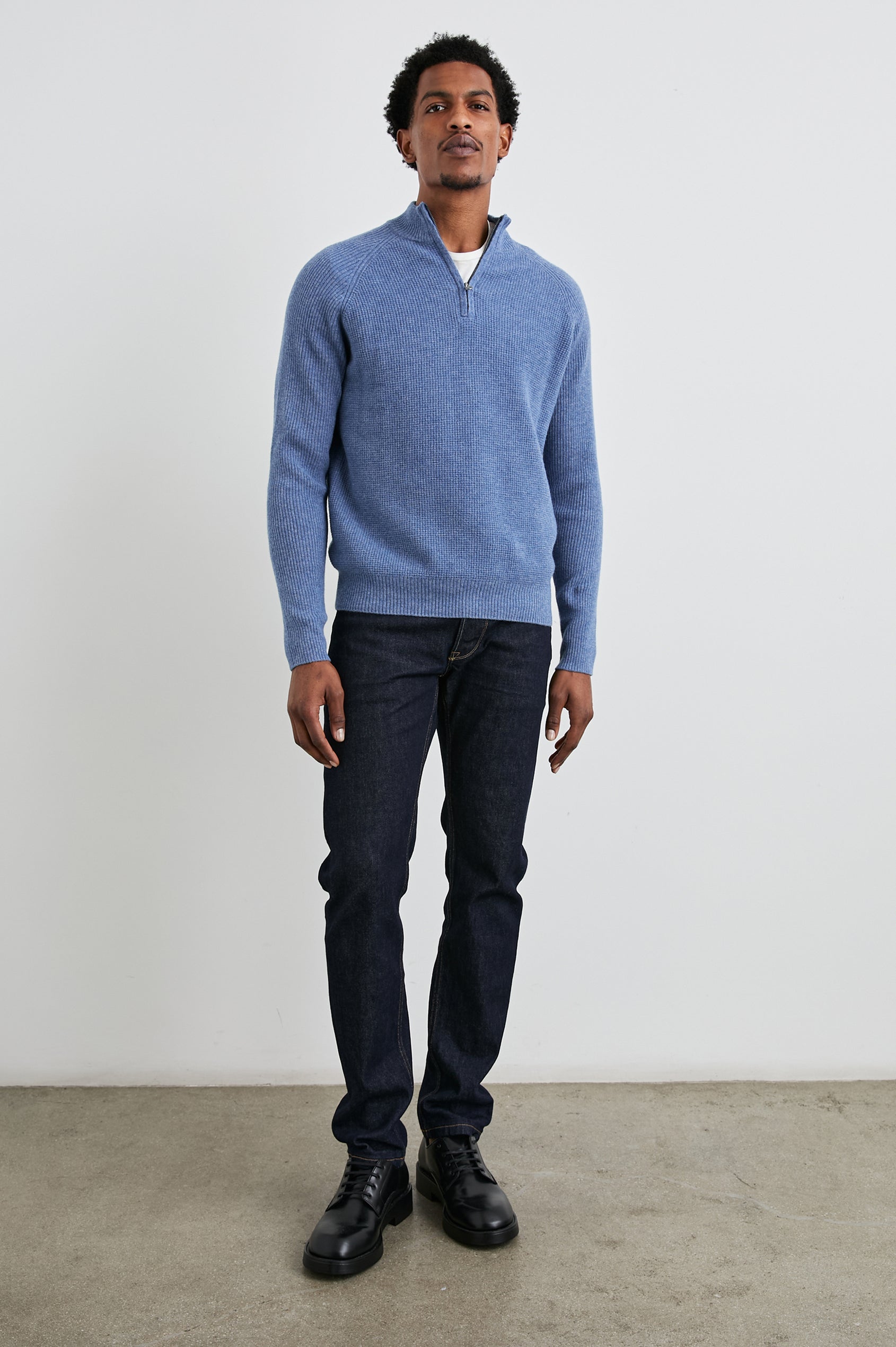 Stark Long-Sleeve Quarter Zip with a Mock Neck, Waffle Torso, and Ribbed Sleeves in Cerulean Melange Colorway - Front Full Body View Featured on Model