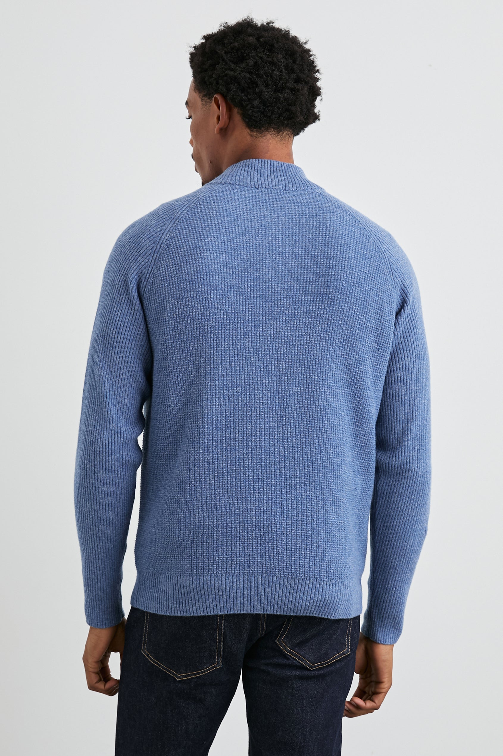 Stark Long-Sleeve Quarter Zip with a Mock Neck, Waffle Torso, and Ribbed Sleeves in Cerulean Melange Colorway - Back View Featured on Model