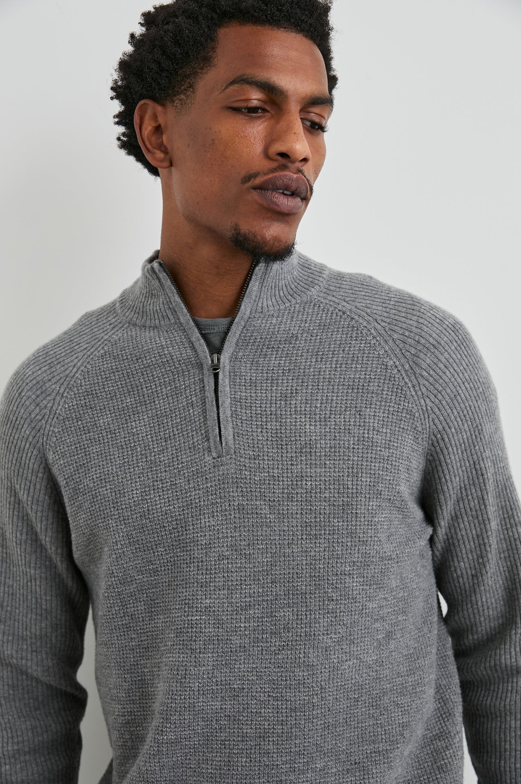Stark Long-Sleeve Quarter Zip with a Mock Neck, Waffle Torso, and Ribbed Sleeves in Finch Colorway - Front View Featured on Model