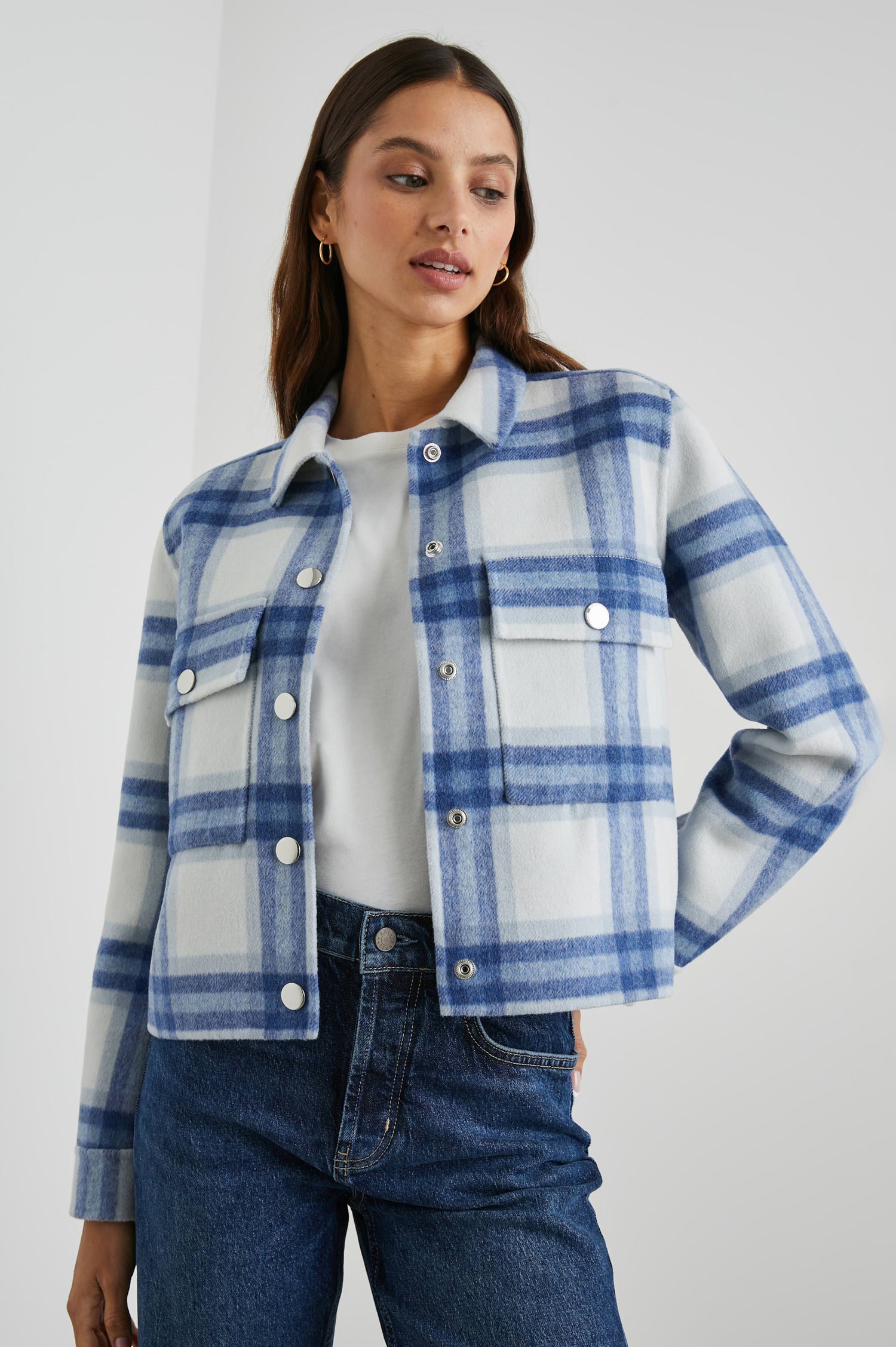 Steffi Jacket with Snap Closure, Snap Cuffs and Two Chest Snap Flap Pockets in Ivory Bay Colorway, an Ivory and Blue Plaid - Front View Featured on Model 
