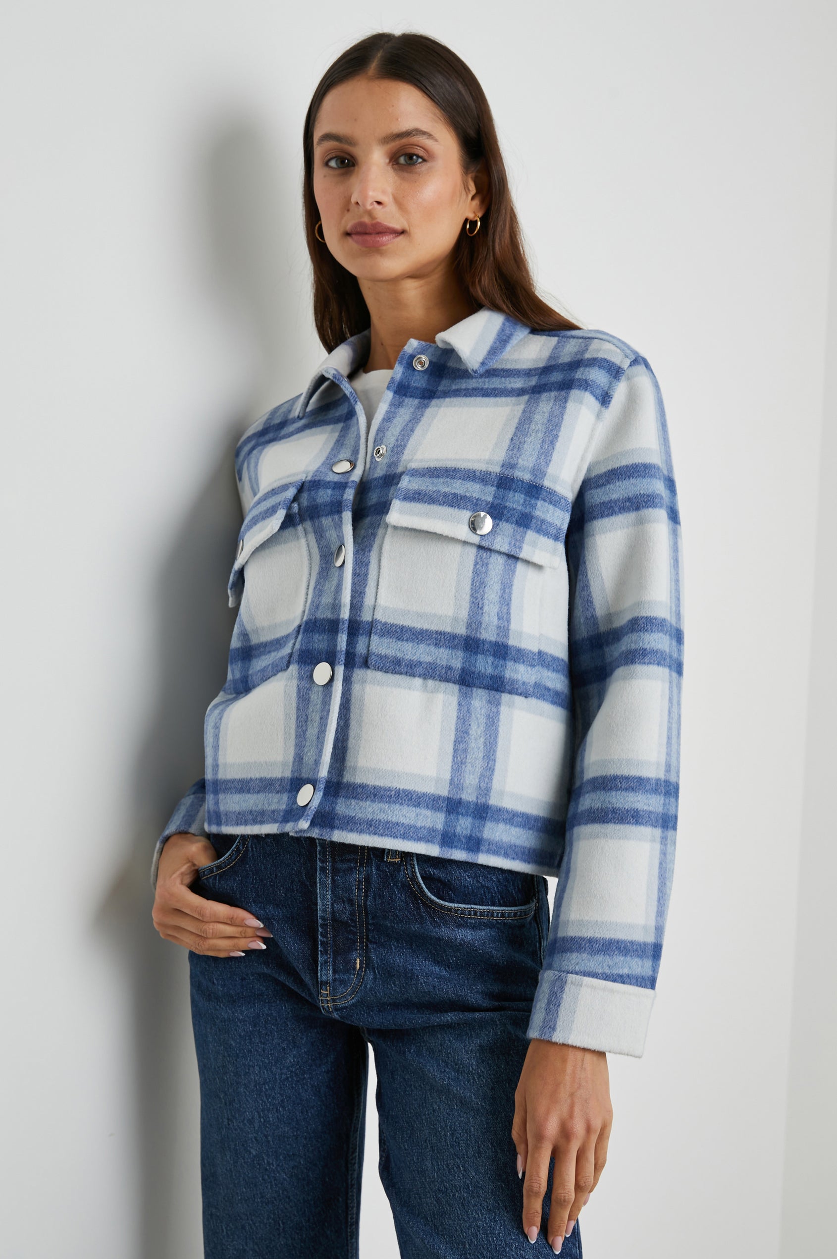 Steffi Jacket with Snap Closure, Snap Cuffs and Two Chest Snap Flap Pockets in Ivory Bay Colorway, an Ivory and Blue Plaid - Front View Featured on Model 
