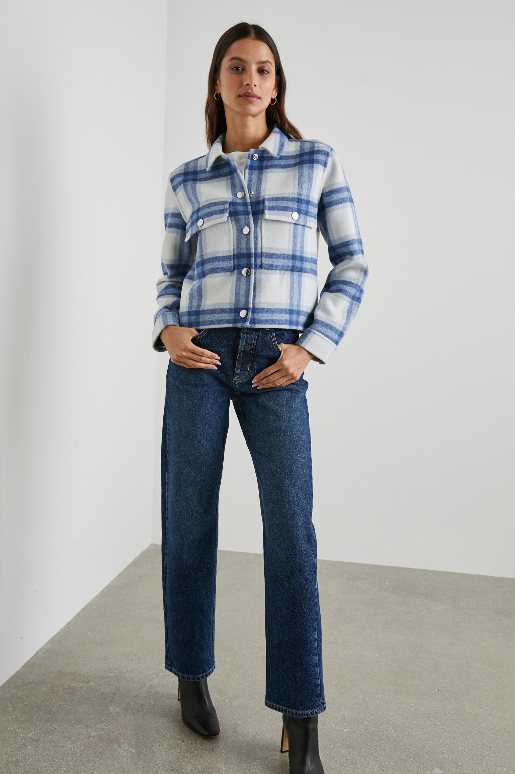 Steffi Jacket with Snap Closure, Snap Cuffs and Two Chest Snap Flap Pockets in Ivory Bay Colorway, an Ivory and Blue Plaid - Front Full Body View Featured on Model 