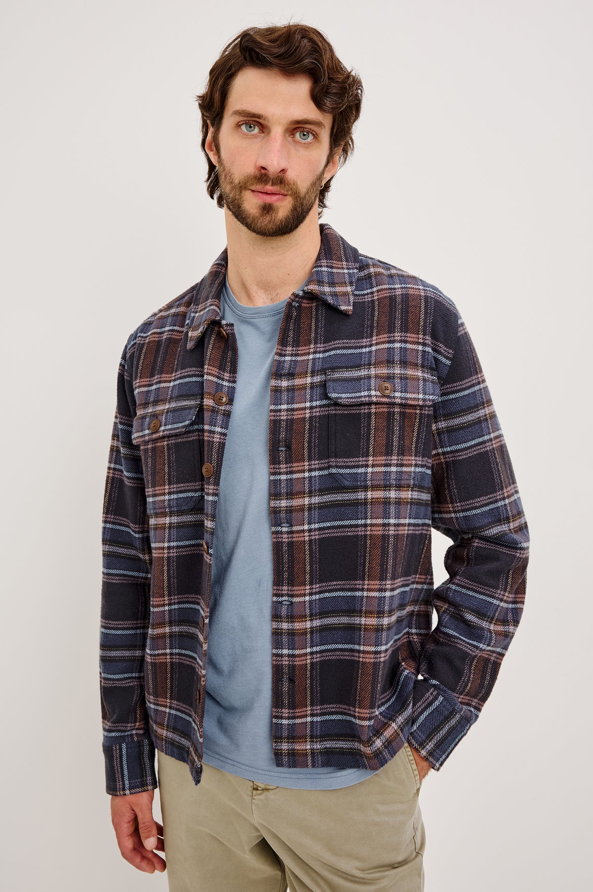Stellan Overshirt in Brushed Cotton With Relaxed FIt, Wide Collar, Button-Front, and Dual Chest Pockets in Night Sky Wood Colorway - Upper Body Front View Featured on Model