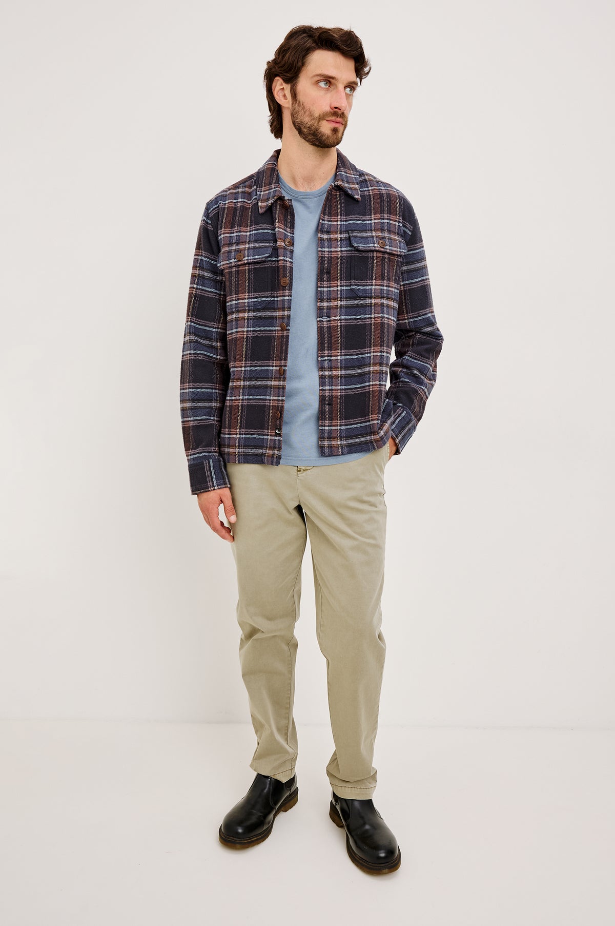 Stellan Overshirt in Brushed Cotton With Relaxed FIt, Wide Collar, Button-Front, and Dual Chest Pockets in Night Sky Wood Colorway - Full Body Front View Featured on Model