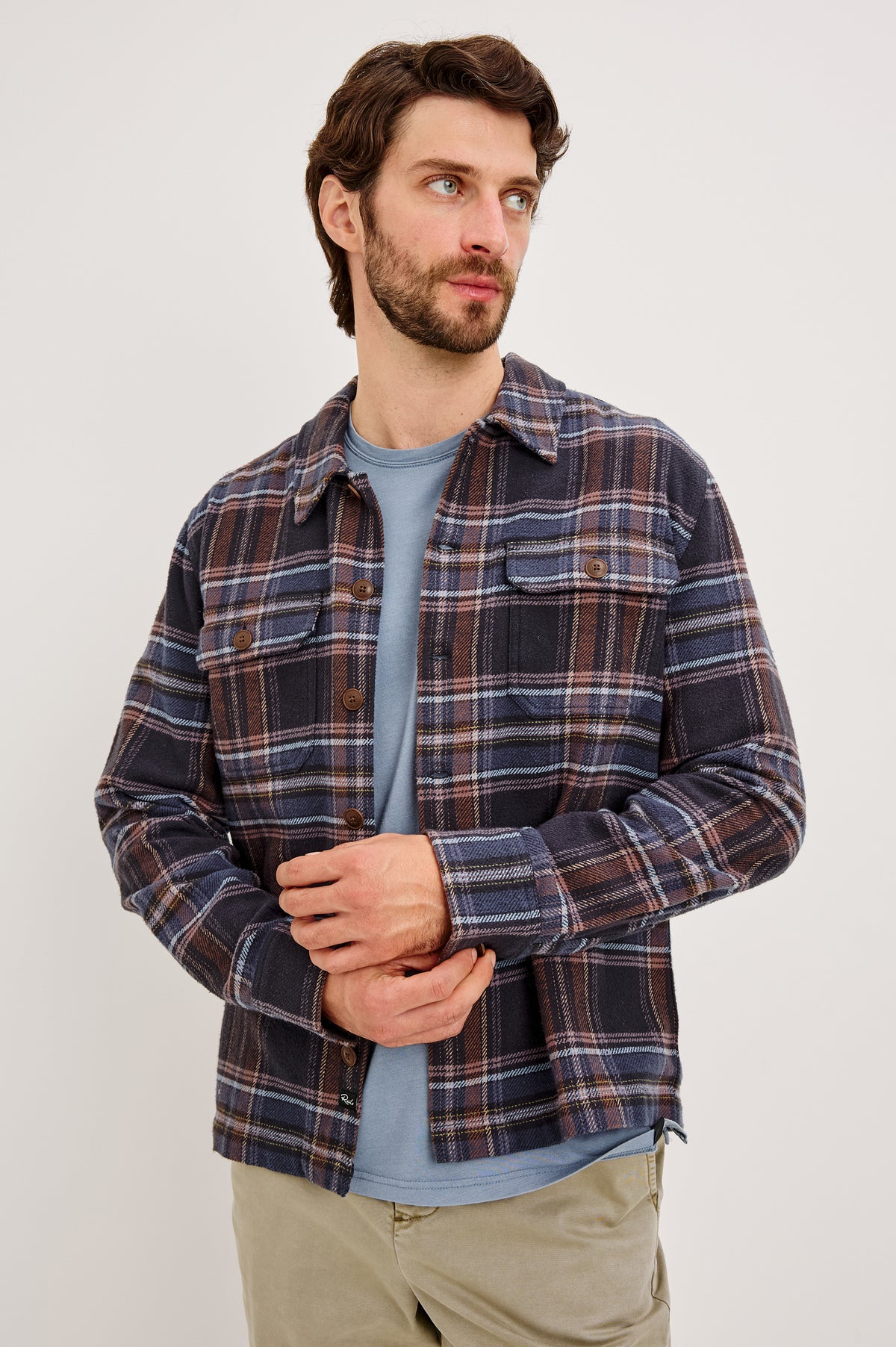 Stellan Overshirt in Brushed Cotton With Relaxed FIt, Wide Collar, Button-Front, and Dual Chest Pockets in Night Sky Wood Colorway - Upper Body Front View Featured on Model