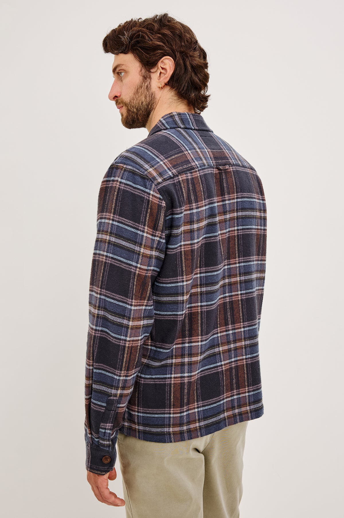 Stellan Overshirt in Brushed Cotton With Relaxed FIt, Wide Collar, Button-Front, and Dual Chest Pockets in Night Sky Wood Colorway - Upper Body Back View Featured on Model
