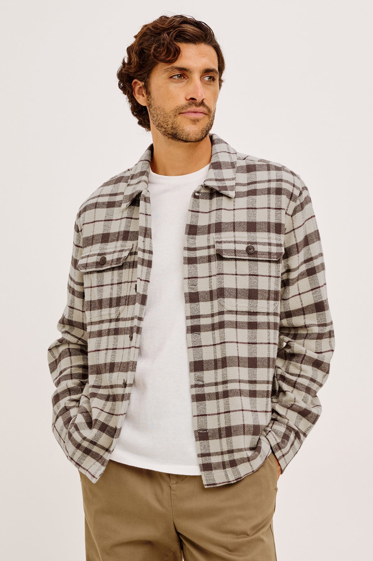 Stellan Overshirt in Brushed Cotton With Relaxed FIt, Wide Collar, Button-Front, and Dual Chest Pockets in Oat Carob Mahogany Colorway - Upper Body Front View Featured on Model