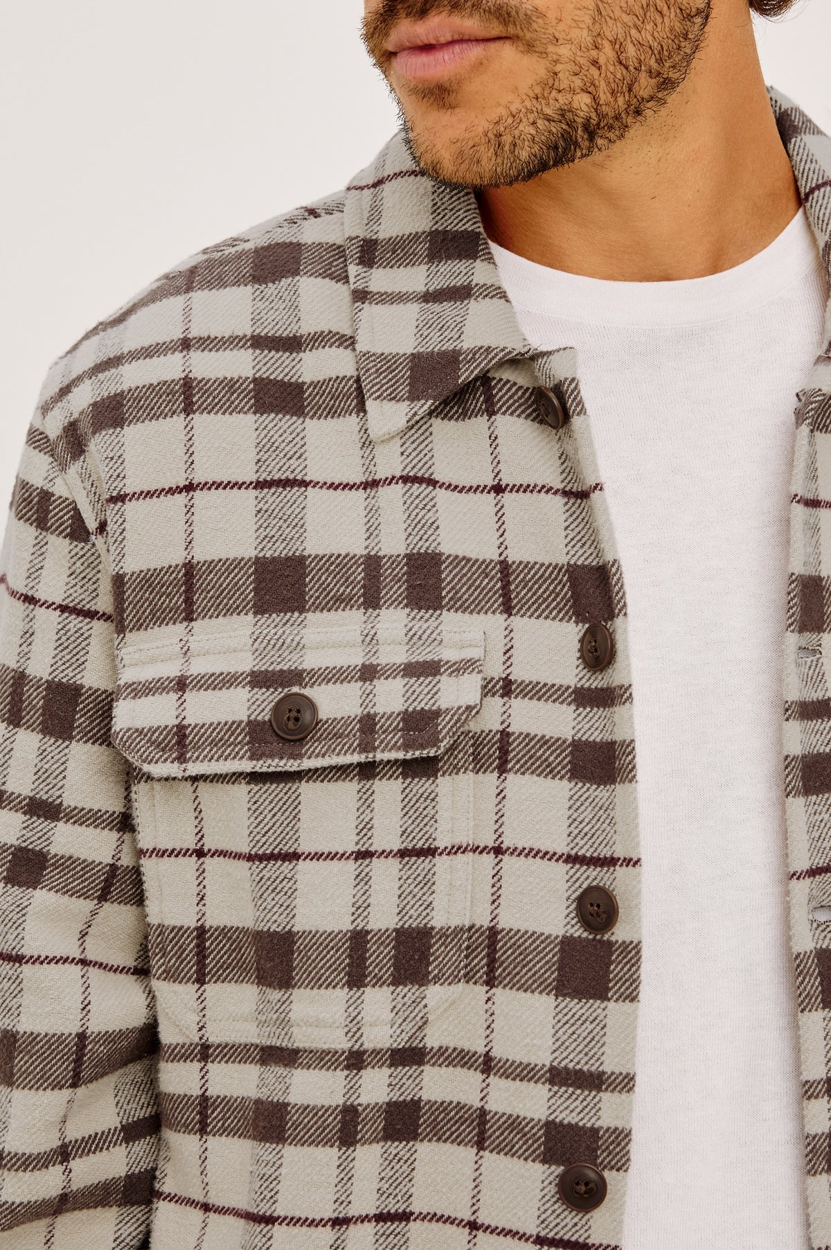 Stellan Overshirt in Brushed Cotton With Relaxed FIt, Wide Collar, Button-Front, and Dual Chest Pockets in Oat Carob Mahogany Colorway - Upper Body Front View Featured on Model