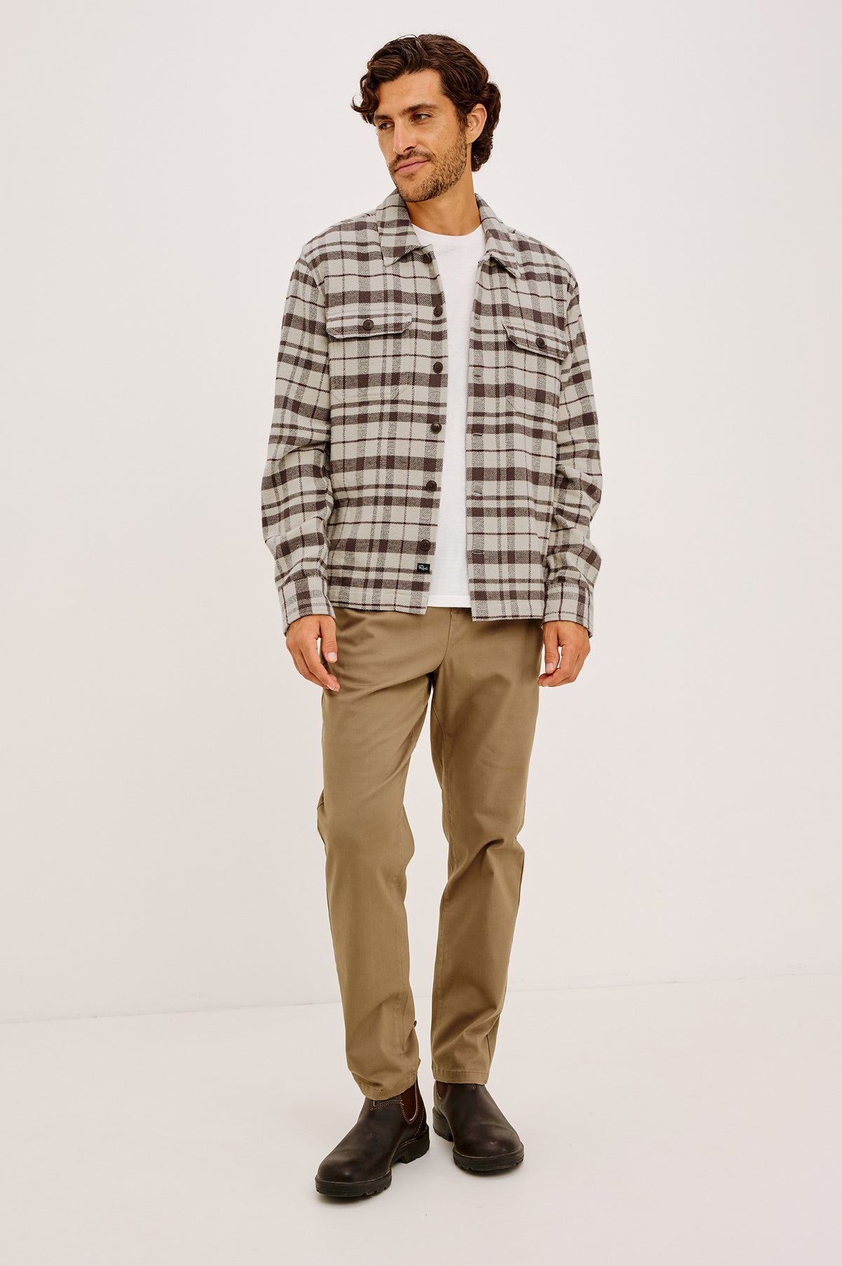 Stellan Overshirt in Brushed Cotton With Relaxed FIt, Wide Collar, Button-Front, and Dual Chest Pockets in Oat Carob Mahogany Colorway - Full Body Front View Featured on Model