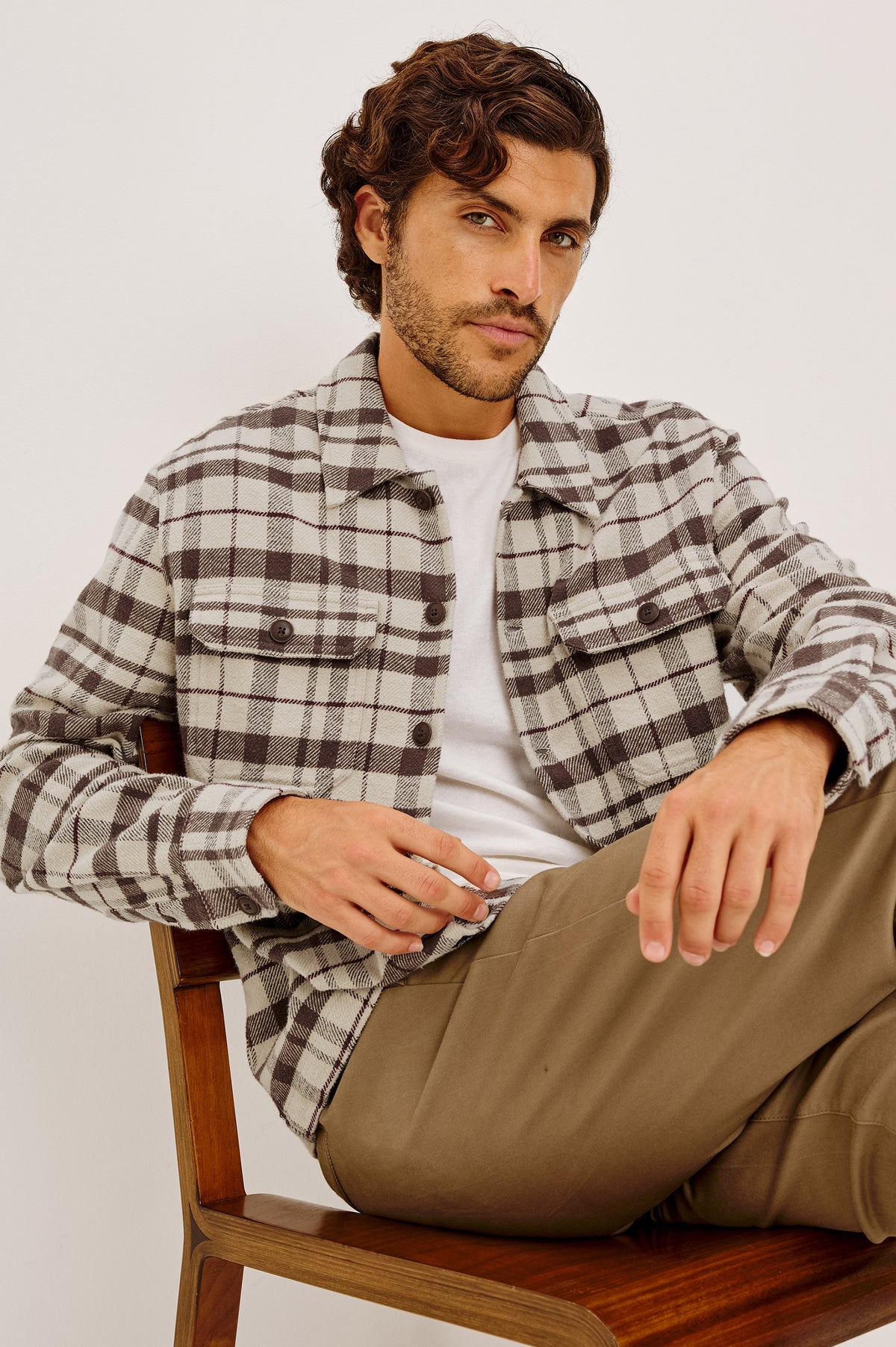 Stellan Overshirt in Brushed Cotton With Relaxed FIt, Wide Collar, Button-Front, and Dual Chest Pockets in Oat Carob Mahogany Colorway - Upper Body View Featured on Model Stylized