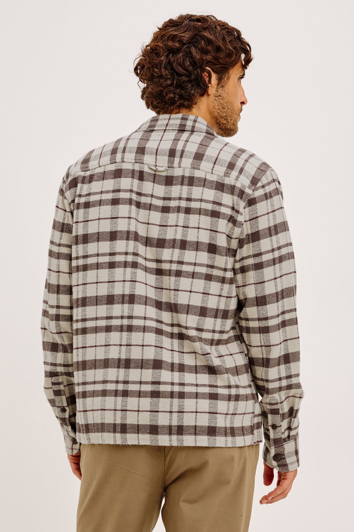 Stellan Overshirt in Brushed Cotton With Relaxed FIt, Wide Collar, Button-Front, and Dual Chest Pockets in Oat Carob Mahogany Colorway - Upper Body Back View Featured on Model