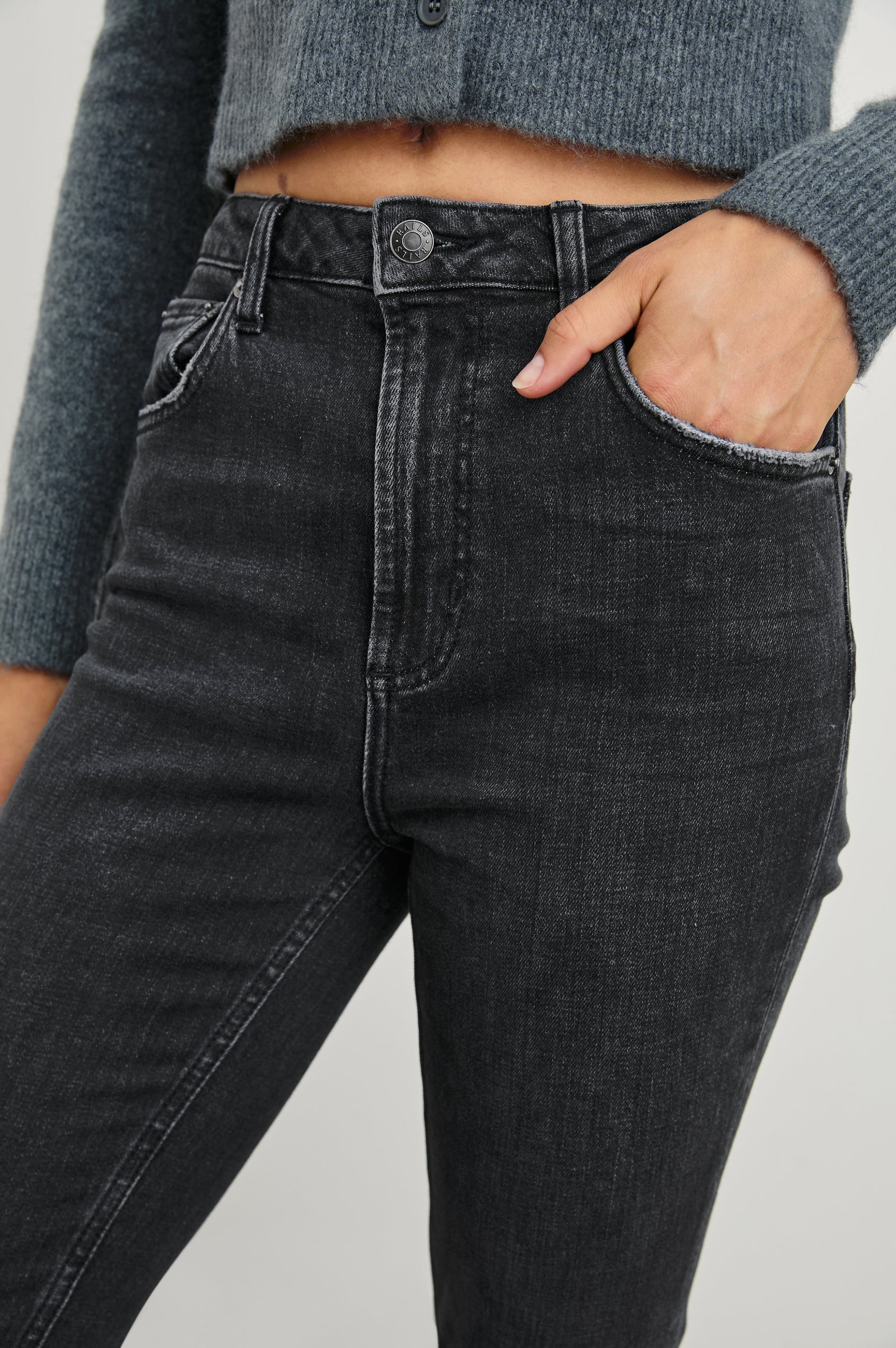 Sunset Crop Slim Fare Jeans with Belt Loops, Two Front Pockets plus a Coin Pocket and Two Back Patch Pockets in Black Pearl Colorway - Front View Featured on Model