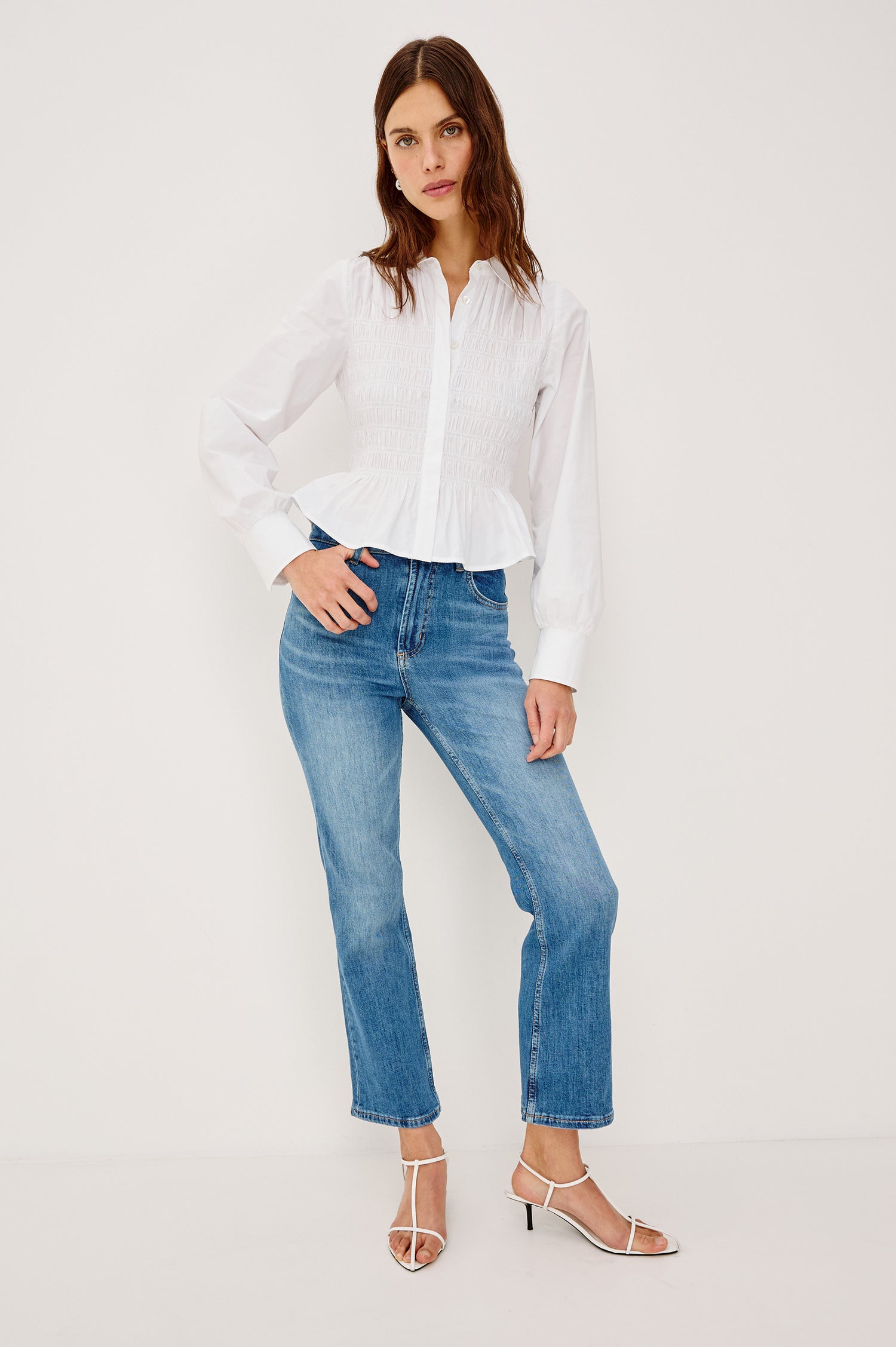 Sunset Crop Slim Flare Jean in Light Stretch Denim With High-Waisted Fit and Zip Fly in Tidal Wavey Colorway - Lower Body Front View Featured on Model