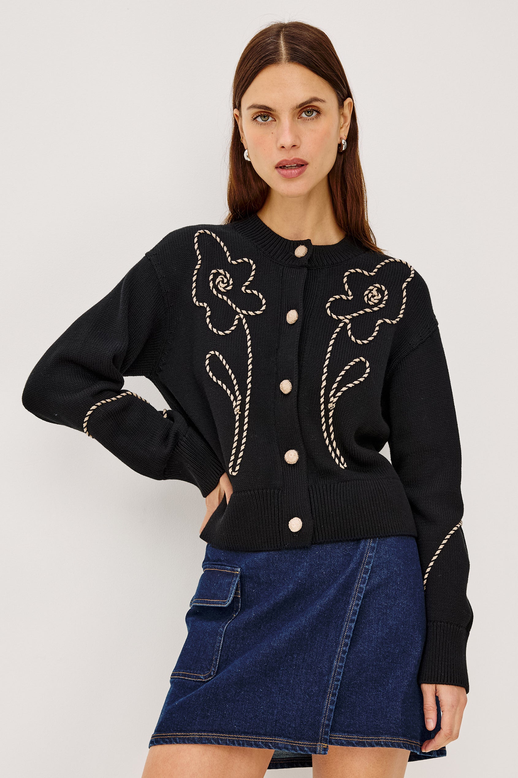 Sybil Cardigan in Cotton Knit With Boxy Fit, Crew Neckline, Soutache Embroidered Florals, Crochet Front Buttons, and Long Sleeves in Western Floral Colorway - Upper Body Front View Featured on Model