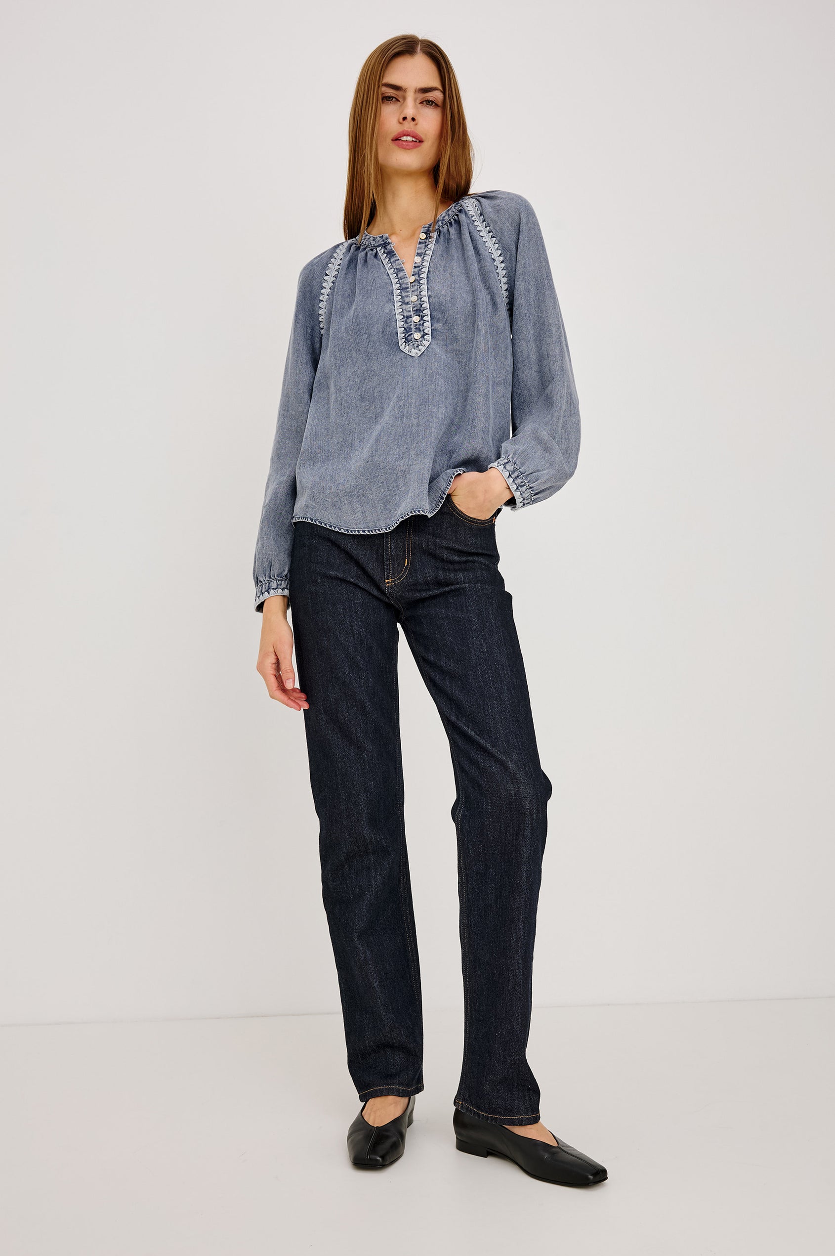 Tali Shirt in TENCEL™ Denim With Boxy Loose Fit, Blanket Stitch Trim, Raglan Sleeves, and Half Placket in Blue Ridge Colorway - Full Body Front View Featured on Model