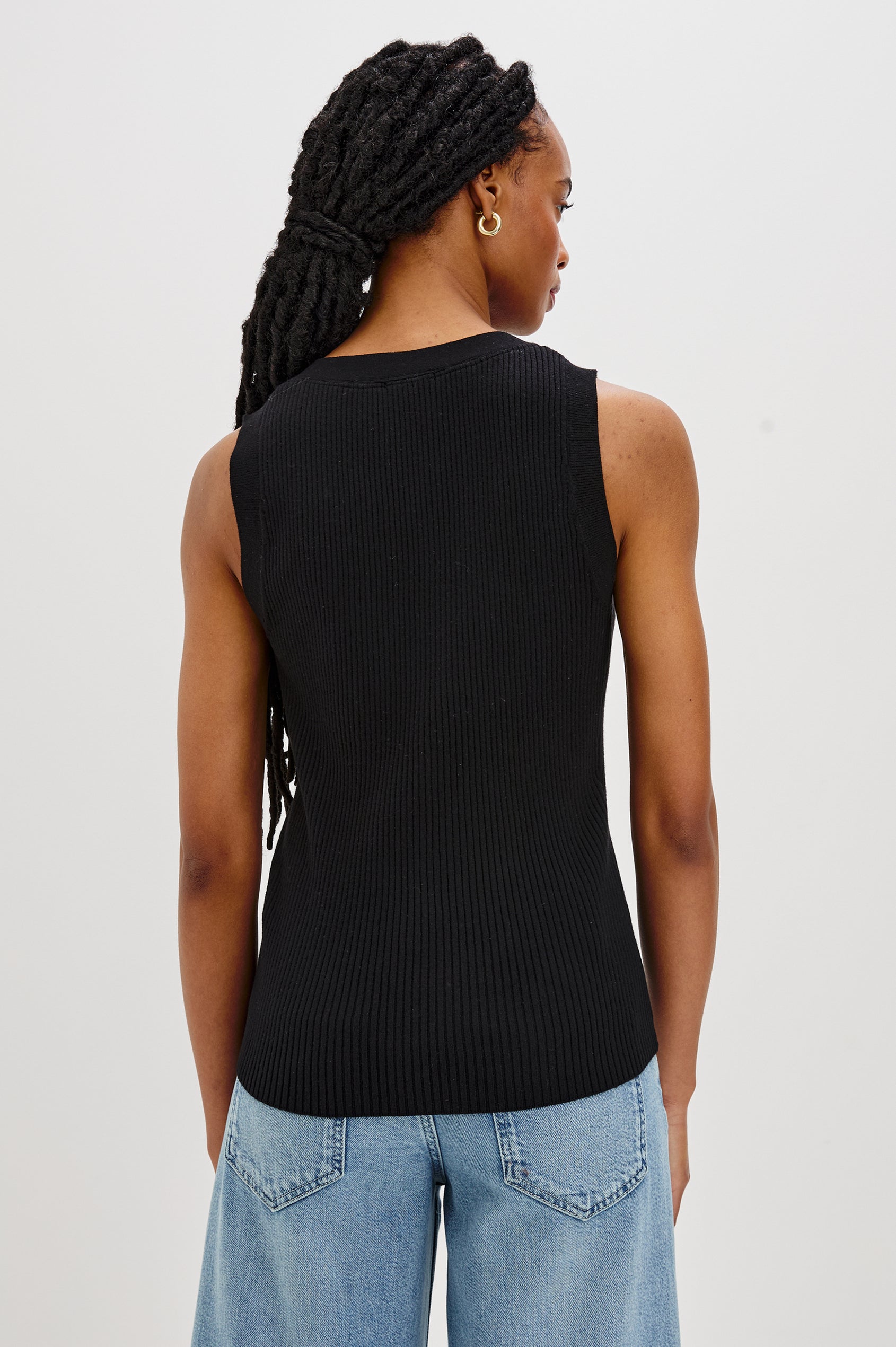 Tatia V-Neck Button Front Vest in Black Colorway. Back View Shown on Model.