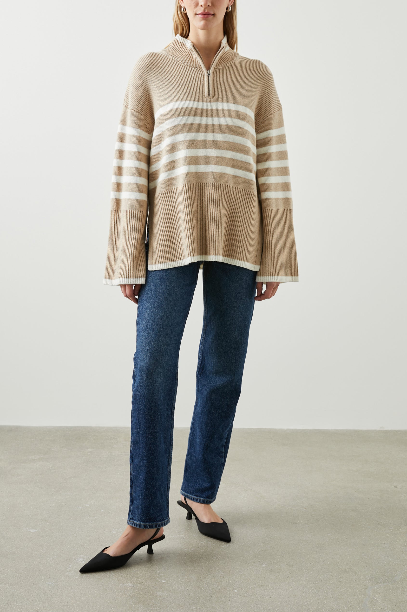 Tessa Long-Sleeve Ribbed Sweater with a Zipped Mock Neck, Wide Sleeves, and Thicker Ribbing at Trims in Sand Stripe Colorway, white horizontal stripes on Sand - Front Full Body View Featured on Model