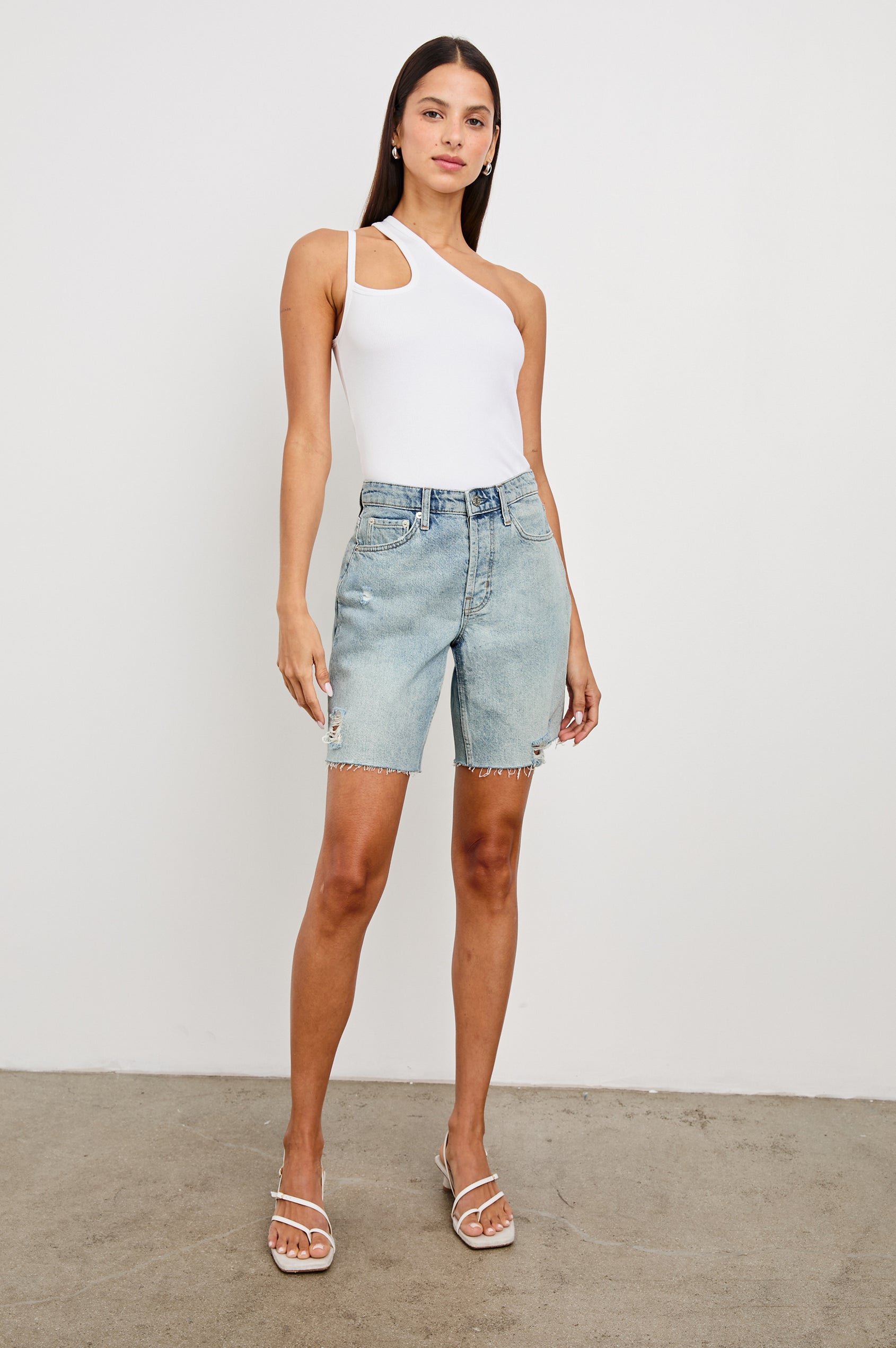 Beachwood high rise bermuda length denim short with distressing details in light wash Light Vintage Distress - full body front view on model