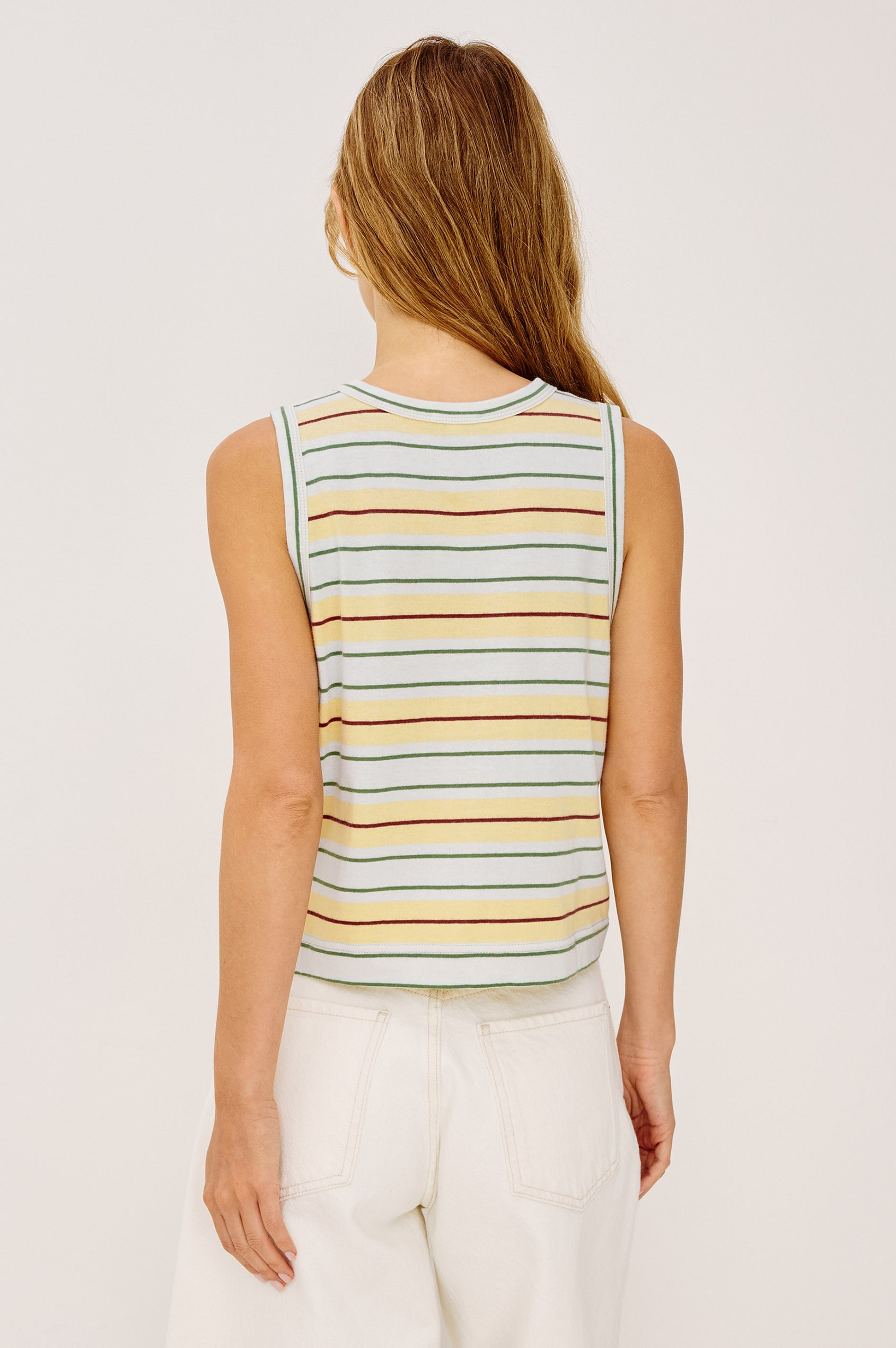 The Boxy Tank in Slubbed Cotton Jersey With Crew Neckline, Wide Shoulder Straps, and a Cropped, Boxy in Honey Sea Stripe Colorway - Upper Body Back View Featured on Model