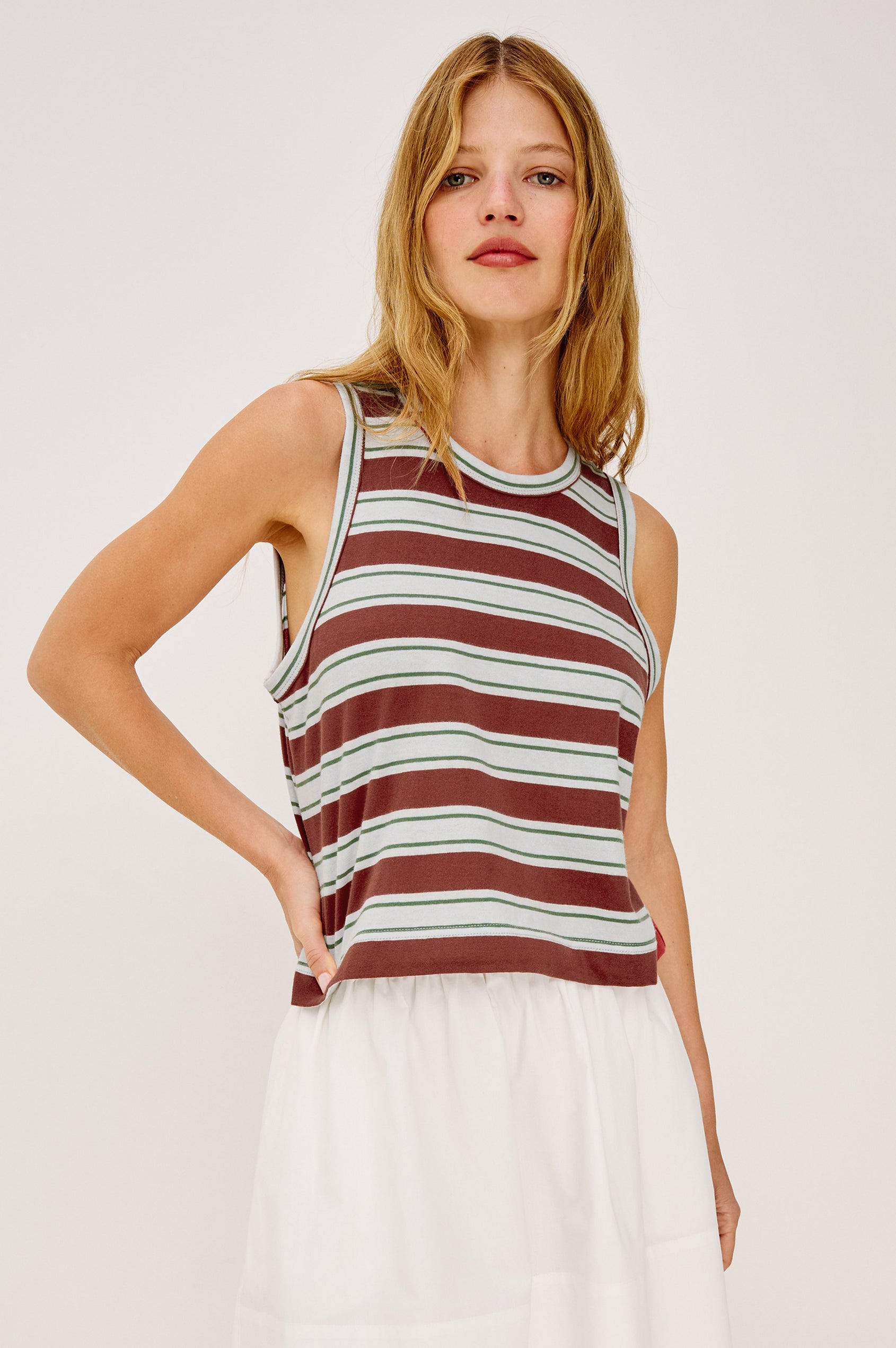The Boxy Tank in Slubbed Cotton Jersey With Crew Neckline, Wide Shoulder Straps, and a Cropped, Boxy in Maroon Sea Stripe Colorway - Upper Body Front View Featured on Model