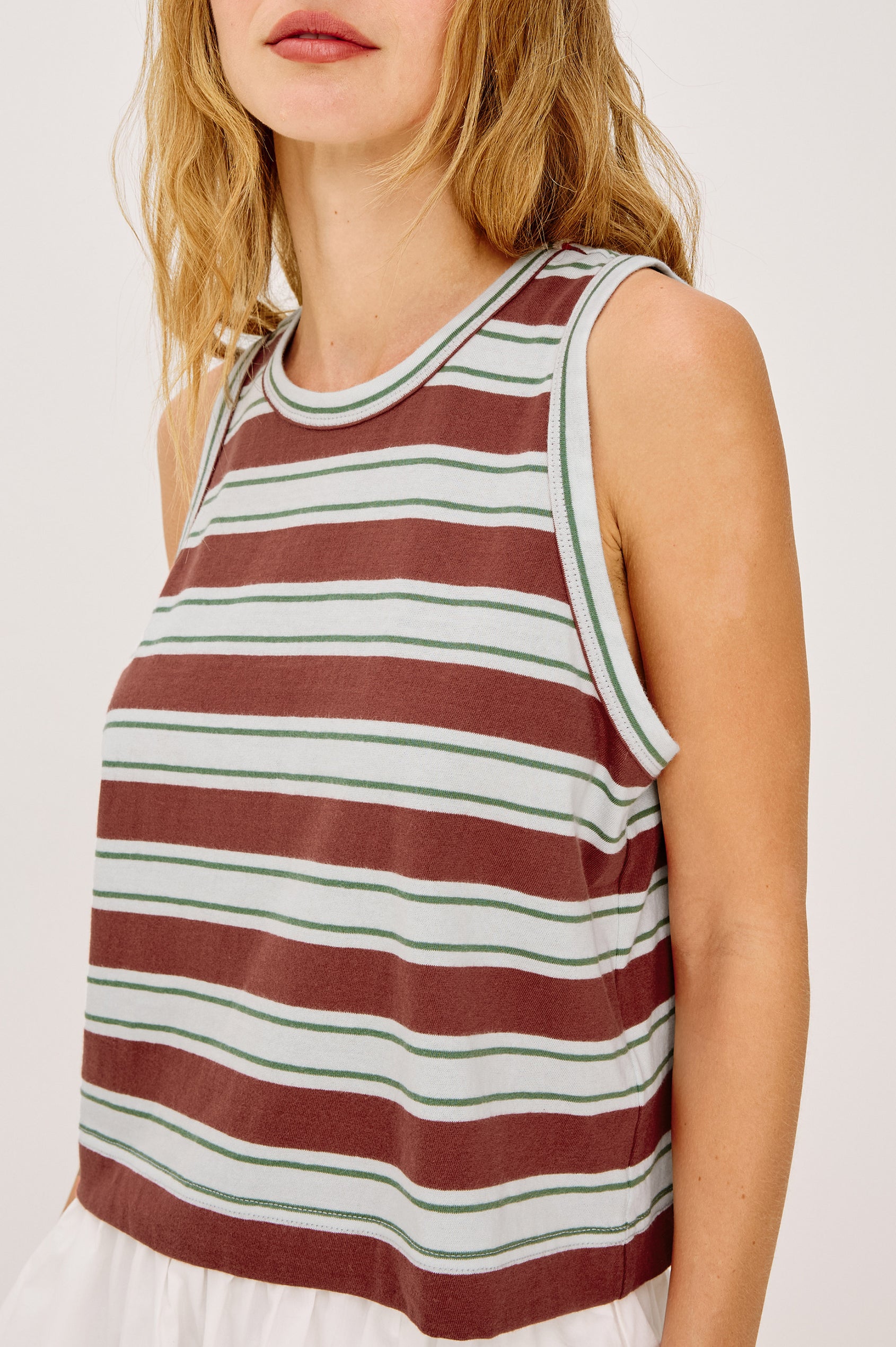 The Boxy Tank in Slubbed Cotton Jersey With Crew Neckline, Wide Shoulder Straps, and a Cropped, Boxy in Maroon Sea Stripe Colorway - Upper Body Front View Featured on Model
