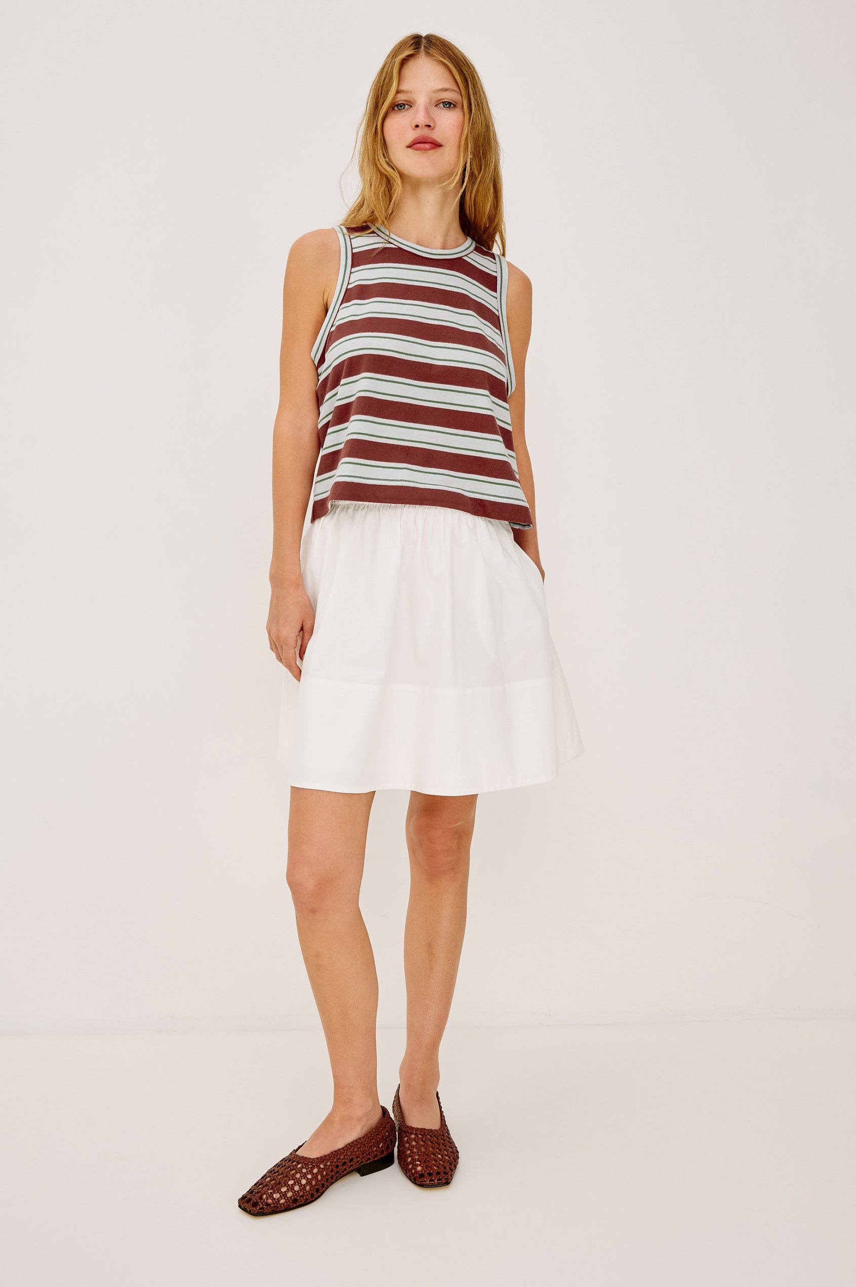 The Boxy Tank in Slubbed Cotton Jersey With Crew Neckline, Wide Shoulder Straps, and a Cropped, Boxy in Honey Sea Stripe Colorway - Full Body Front View Featured on Model