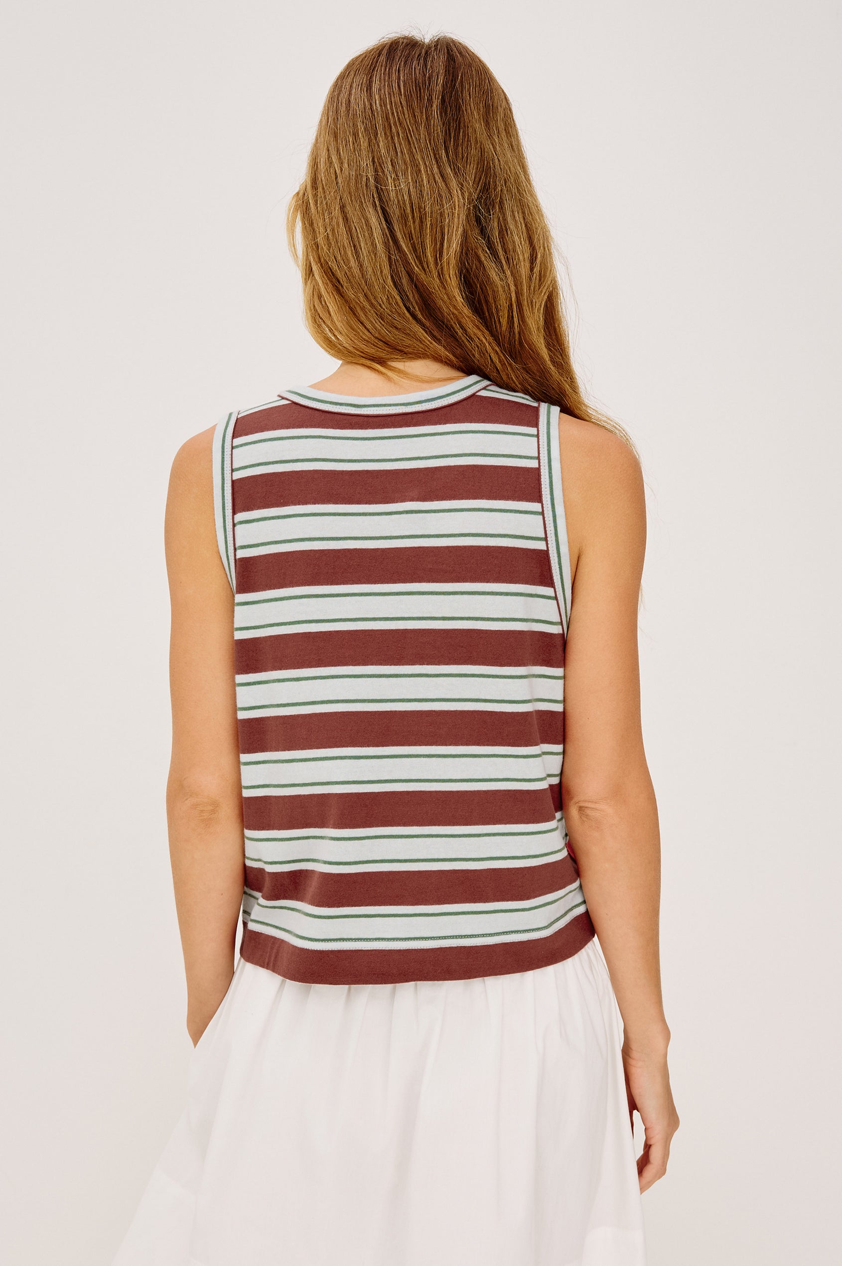 The Boxy Tank in Slubbed Cotton Jersey With Crew Neckline, Wide Shoulder Straps, and a Cropped, Boxy in Maroon Sea Stripe Colorway - Upper Body Back View Featured on Model