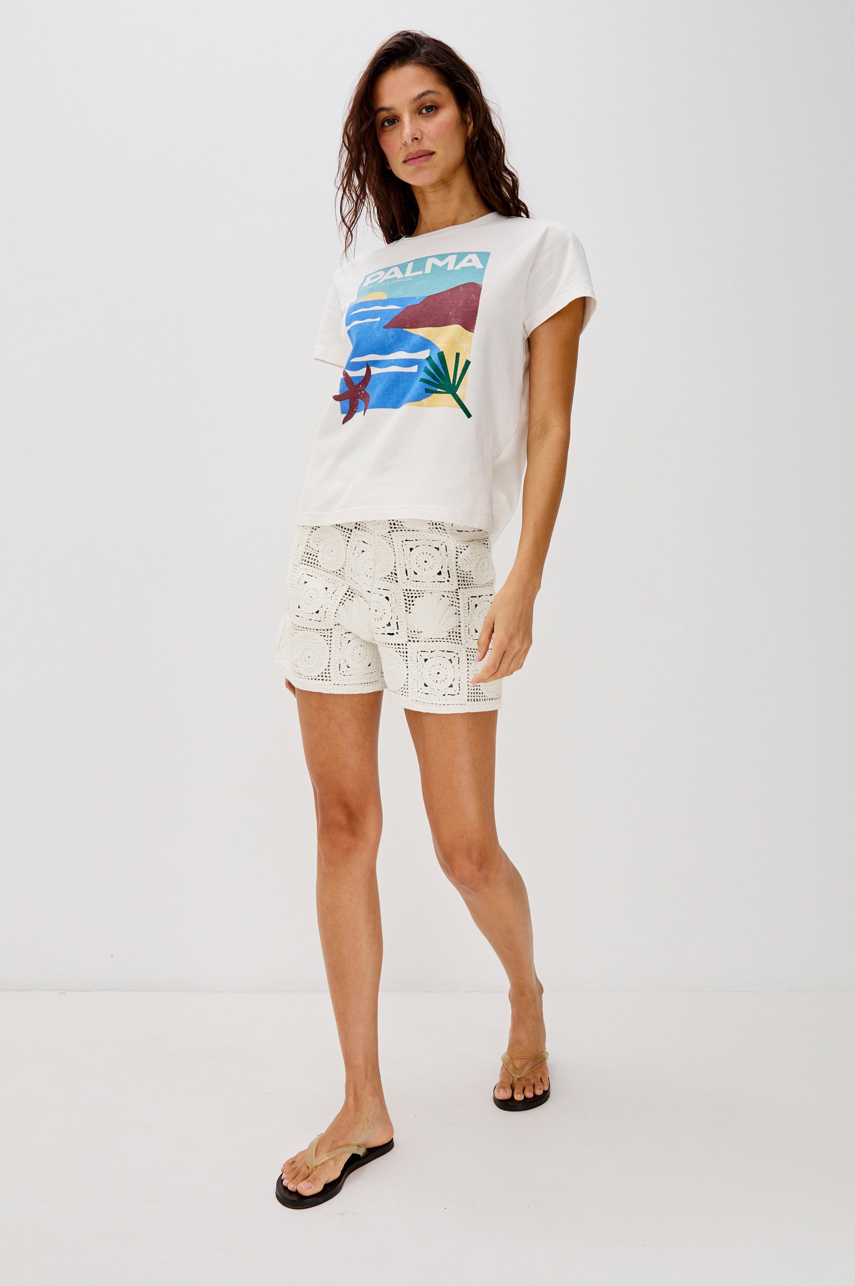 The Classic Crew Neck T-Shirt with Short Sleeves, Relaxed Fit, White Body in Palma Screen Print Colorway. Full Body Front View Shown on Model.