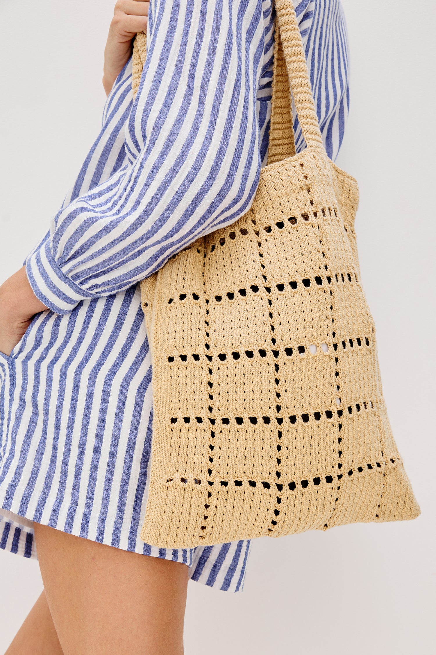 Crochet Rectangular Tote with Patchwork Grid Drop stiches in Rattan Colorway  - Close Up Side View Featured on Model
