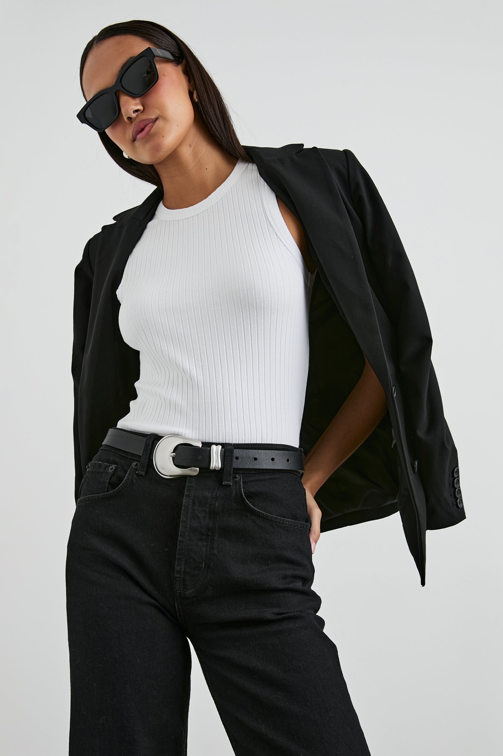 The Racer Ribbed Tank with a Crew Neckline in White Colorway - Front View Featured on Model